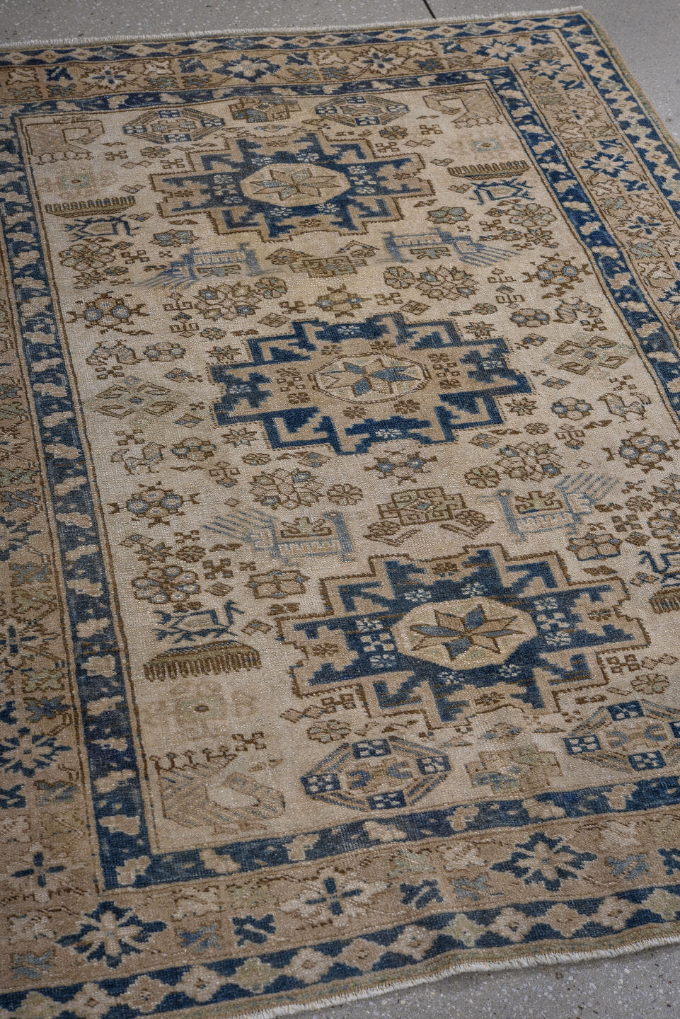3' x 5' one-of-a-kind handmade vintage Ardebil small size rug. Color palette: ivory, navy, taupe, light blue, beige, brown