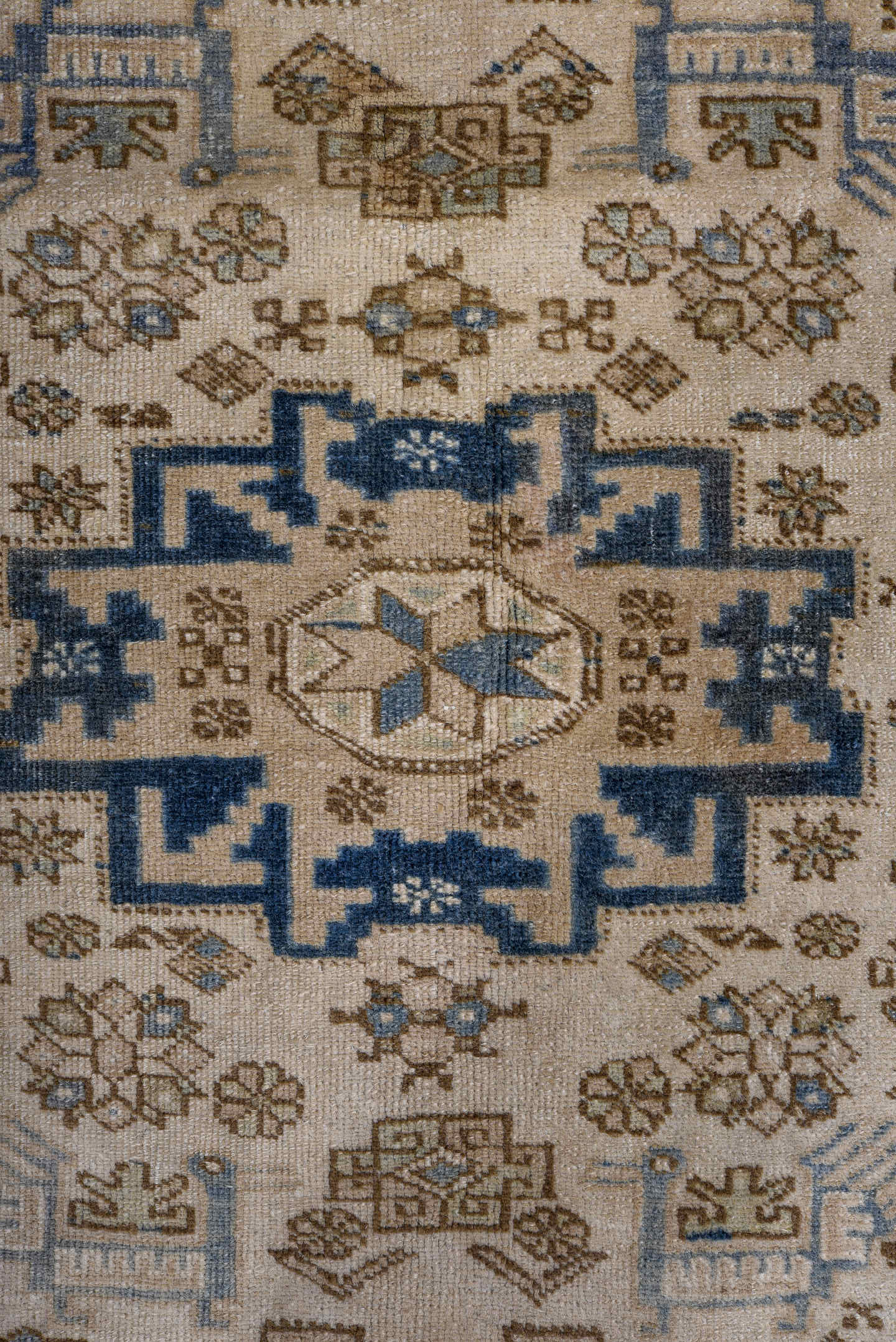 3' x 5' one-of-a-kind handmade vintage Ardebil small size rug. Color palette: ivory, navy, taupe, light blue, beige, brown
