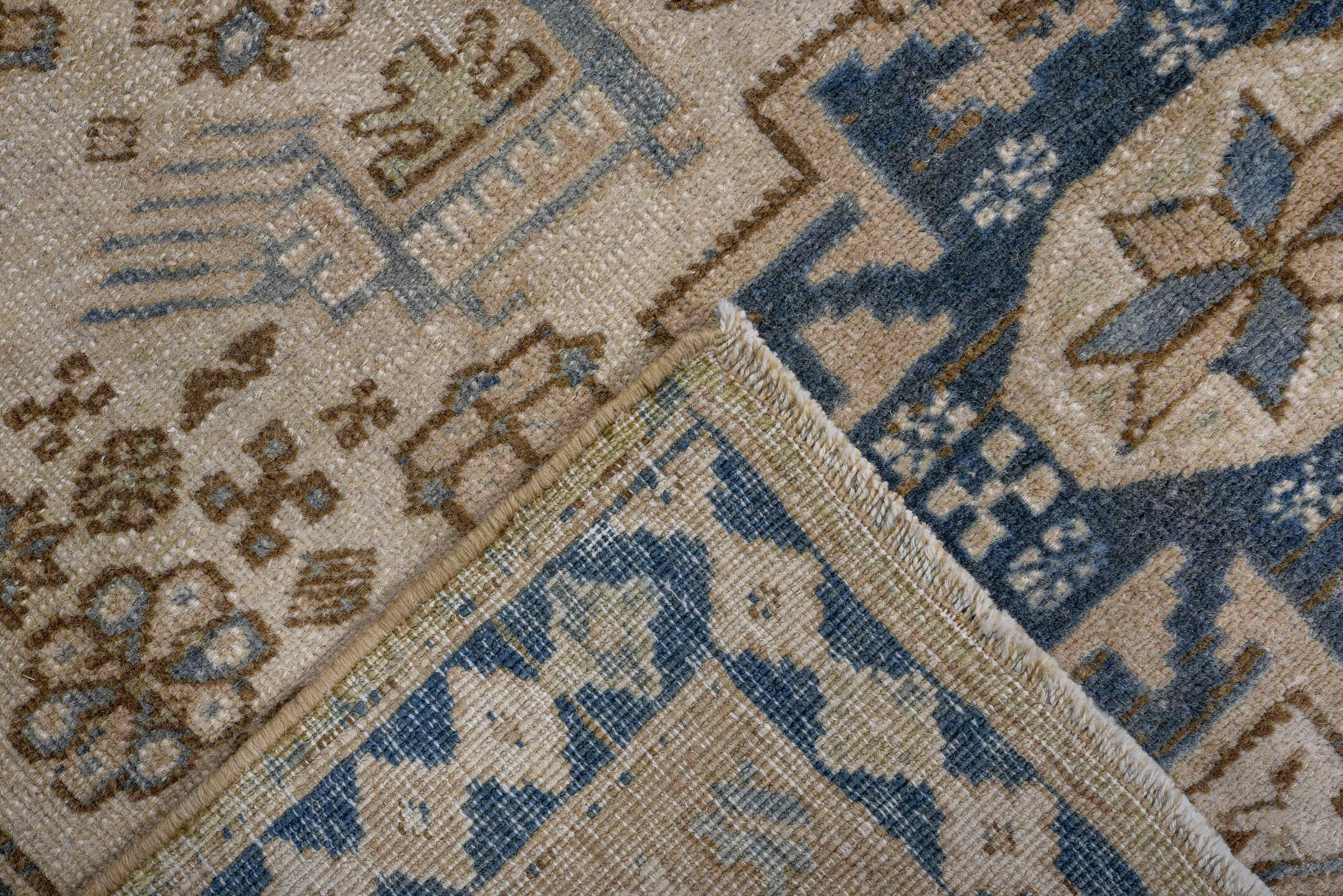 3' x 5' one-of-a-kind handmade vintage Ardebil small size rug. Color palette: ivory, navy, taupe, light blue, beige, brown