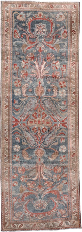 3' x 9' one-of-a-kind handmade antique Lilian runner rug. Color palette: blue, ivory, rust, taupe, terracotta, beige, brown