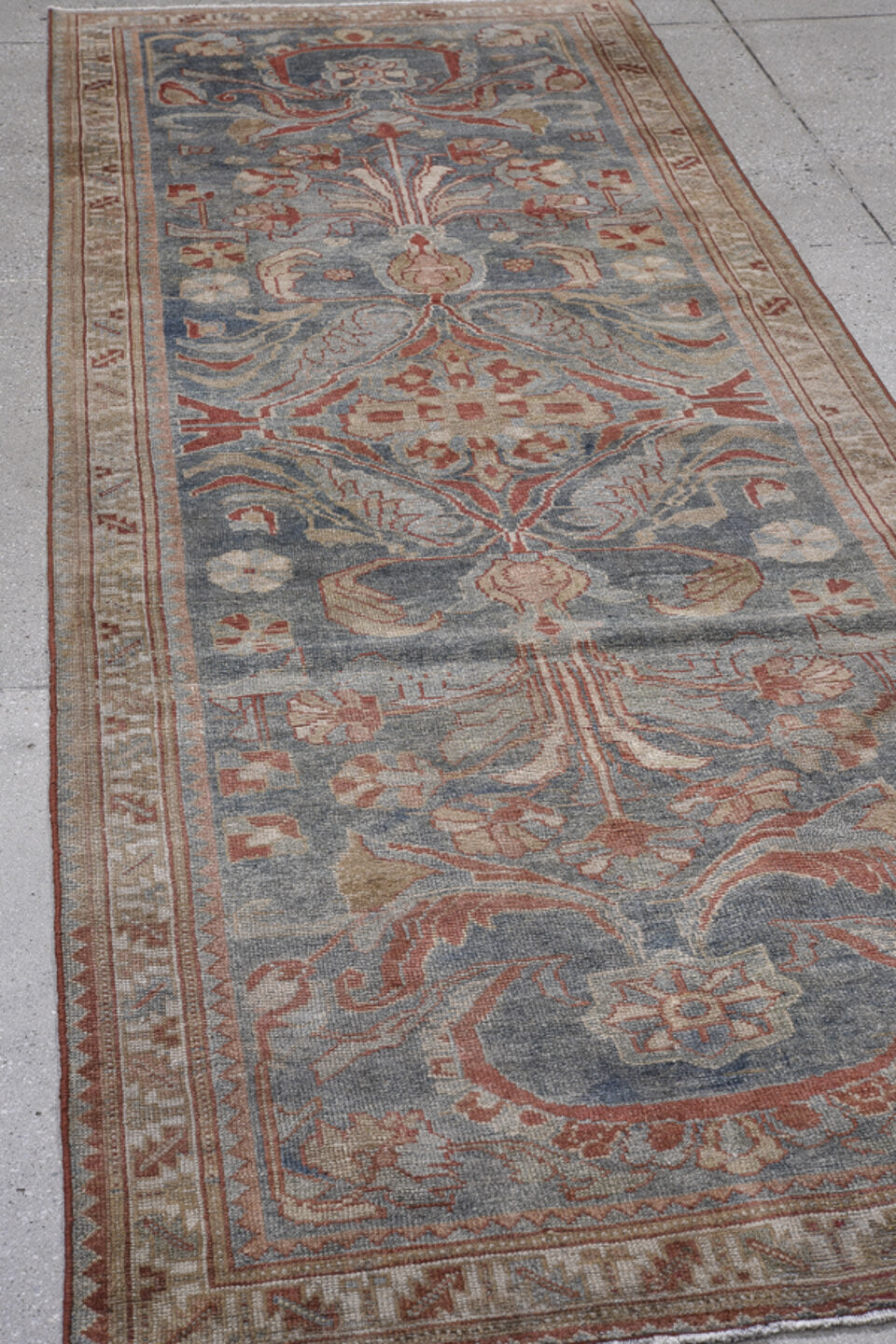 3' x 9' one-of-a-kind handmade vintage Lilian runner rug. Color palette: blue, brown, dark gray, gray, light gray, off-white