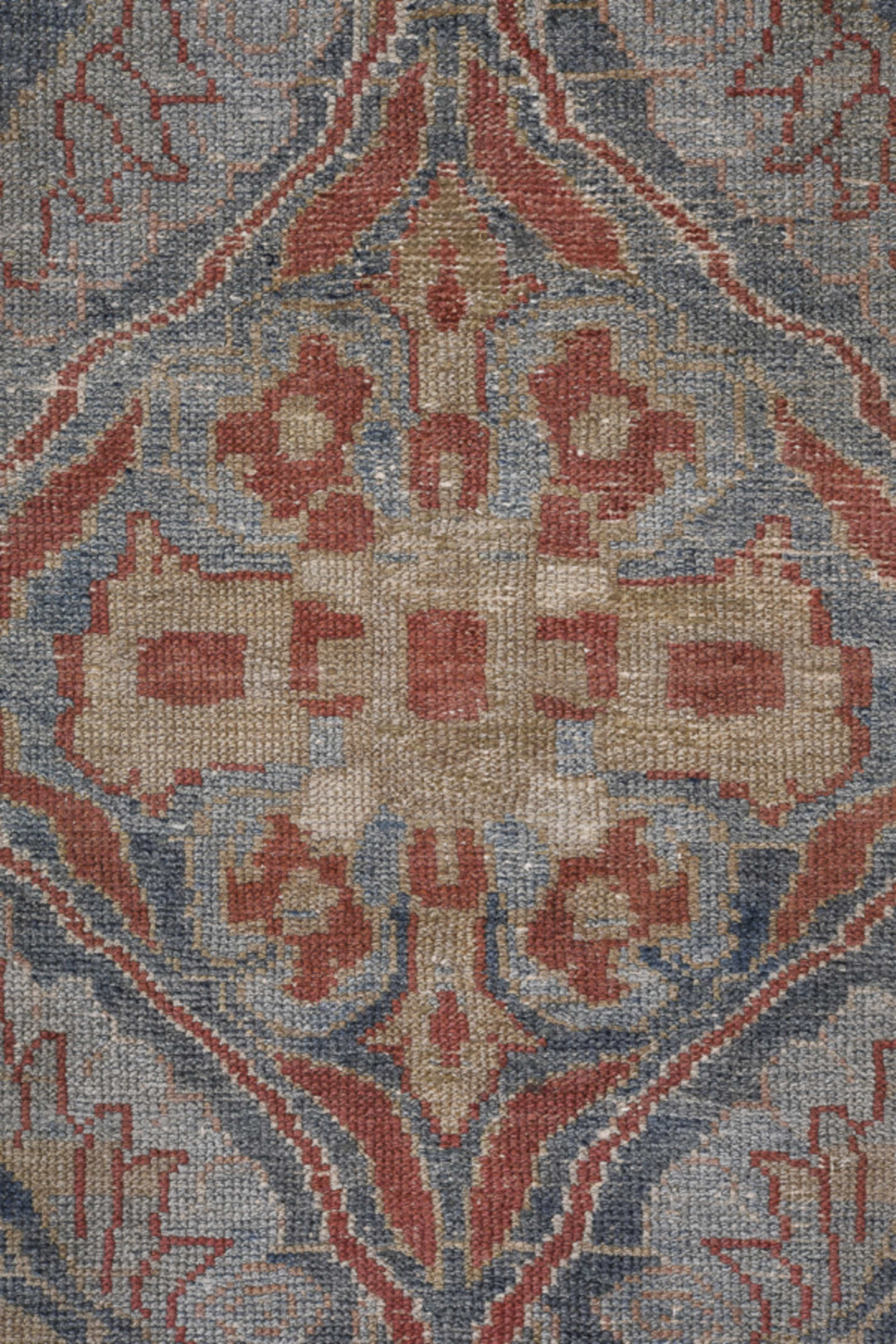 3' x 9' one-of-a-kind handmade antique Lilian runner rug. Color palette: blue, ivory, rust, taupe, terracotta, beige, brown