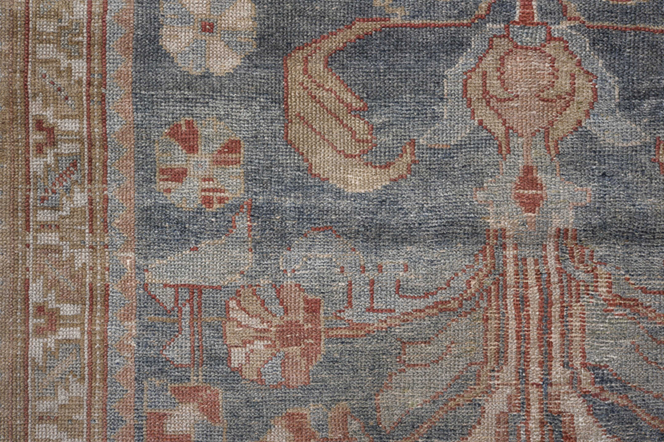 3' x 9' one-of-a-kind handmade vintage Lilian runner rug. Color palette: blue, brown, dark gray, gray, light gray, off-white