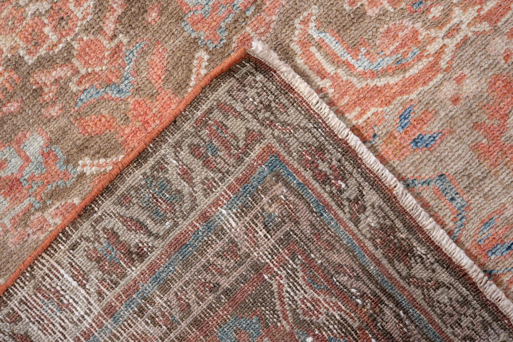 3' x 13' one-of-a-kind handmade vintage Hamadan runner rug. Color palette: taupe, salmon, ivory, pale blue, rose, beige