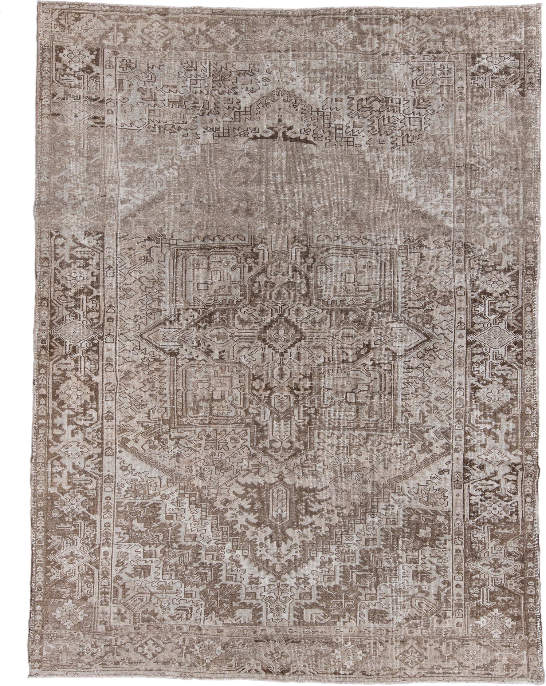 8' x 11' one-of-a-kind handmade antique Heriz large size rug. Color palette: taupe, ivory, beige, camel, brown, gray