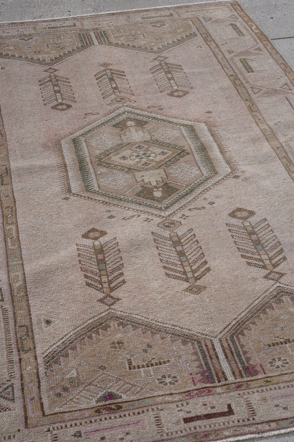 4' x 6' one-of-a-kind handmade antique Hamadan small size rug. Color palette: taupe, blush, brown, ivory, charcoal, sage