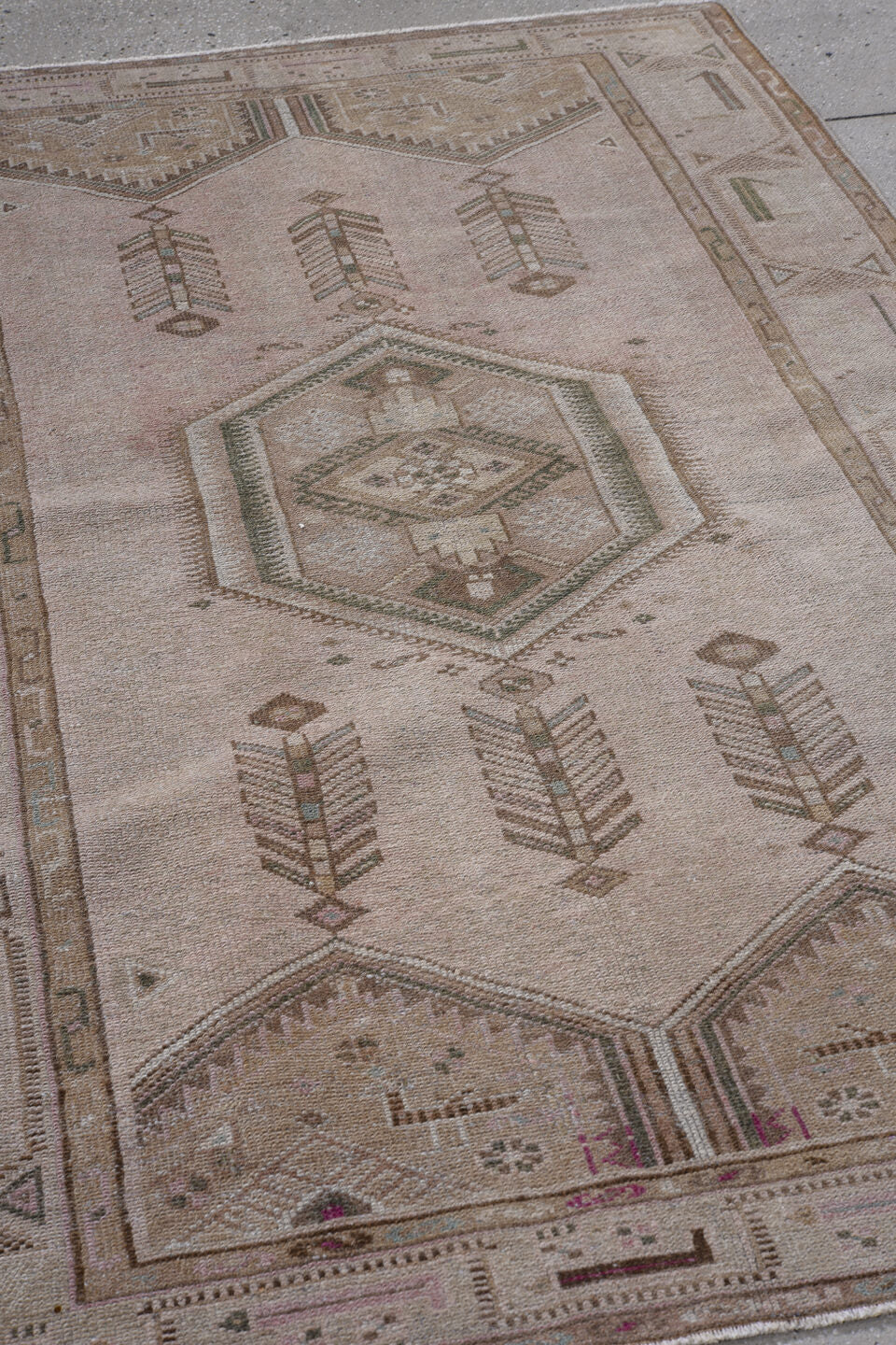 4' x 6' one-of-a-kind handmade antique Hamadan small size rug. Color palette: taupe, blush, brown, ivory, charcoal, sage