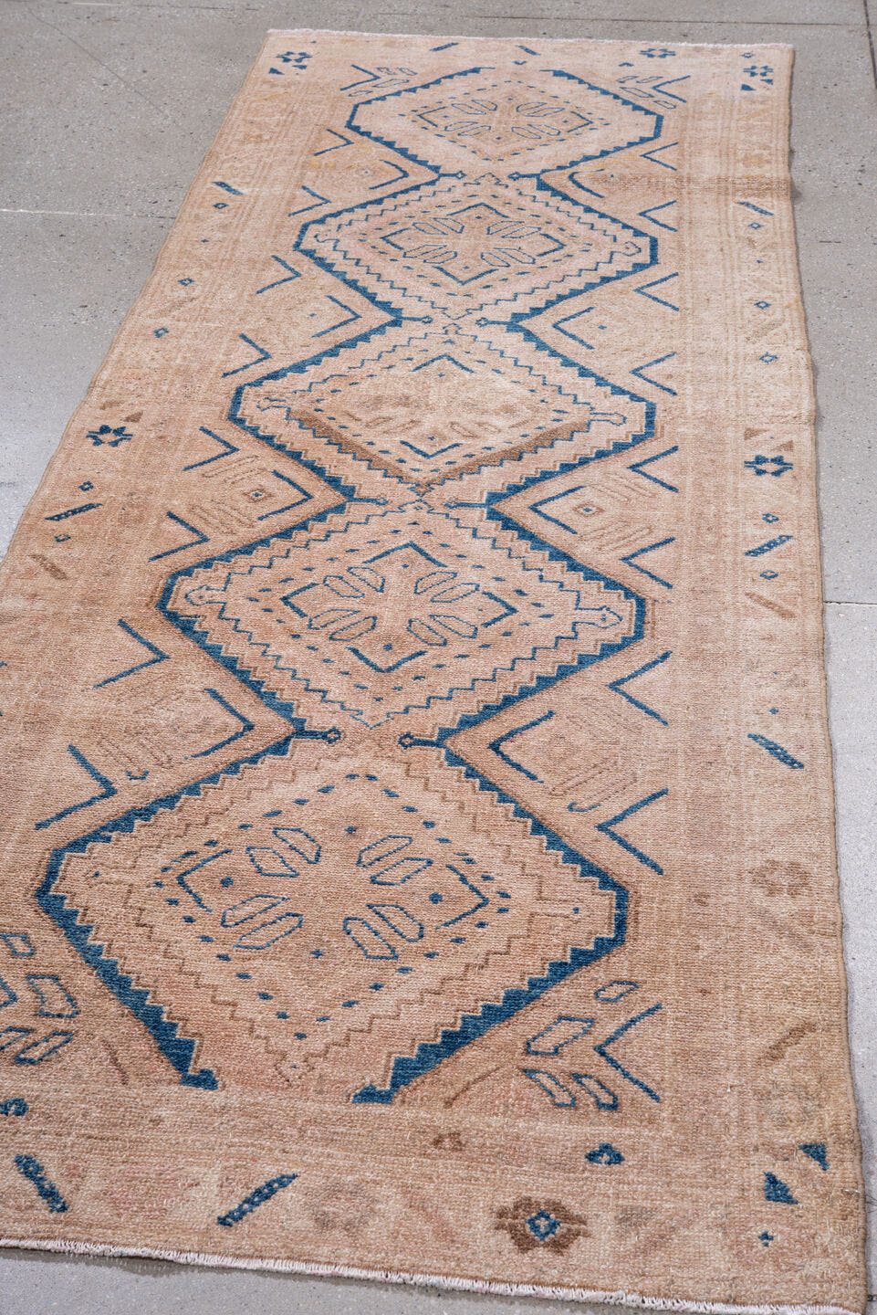 3' x 9' one-of-a-kind handmade vintage Hamadan runner rug. Color palette: blush, ivory, cobalt, beige, camel, pink, blue