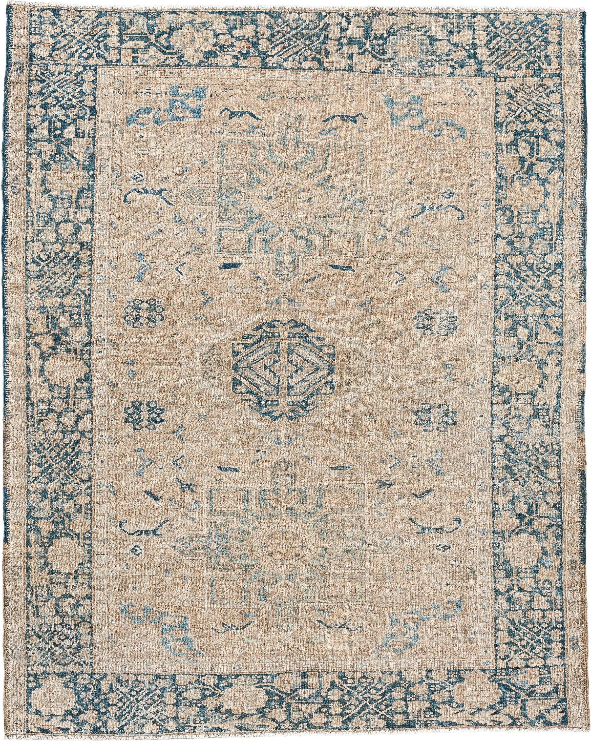 4' x 6' one-of-a-kind handmade antique Karaje rug. Color palette: camel, blue gray, ivory, taupe, slate, beige, gray, blue