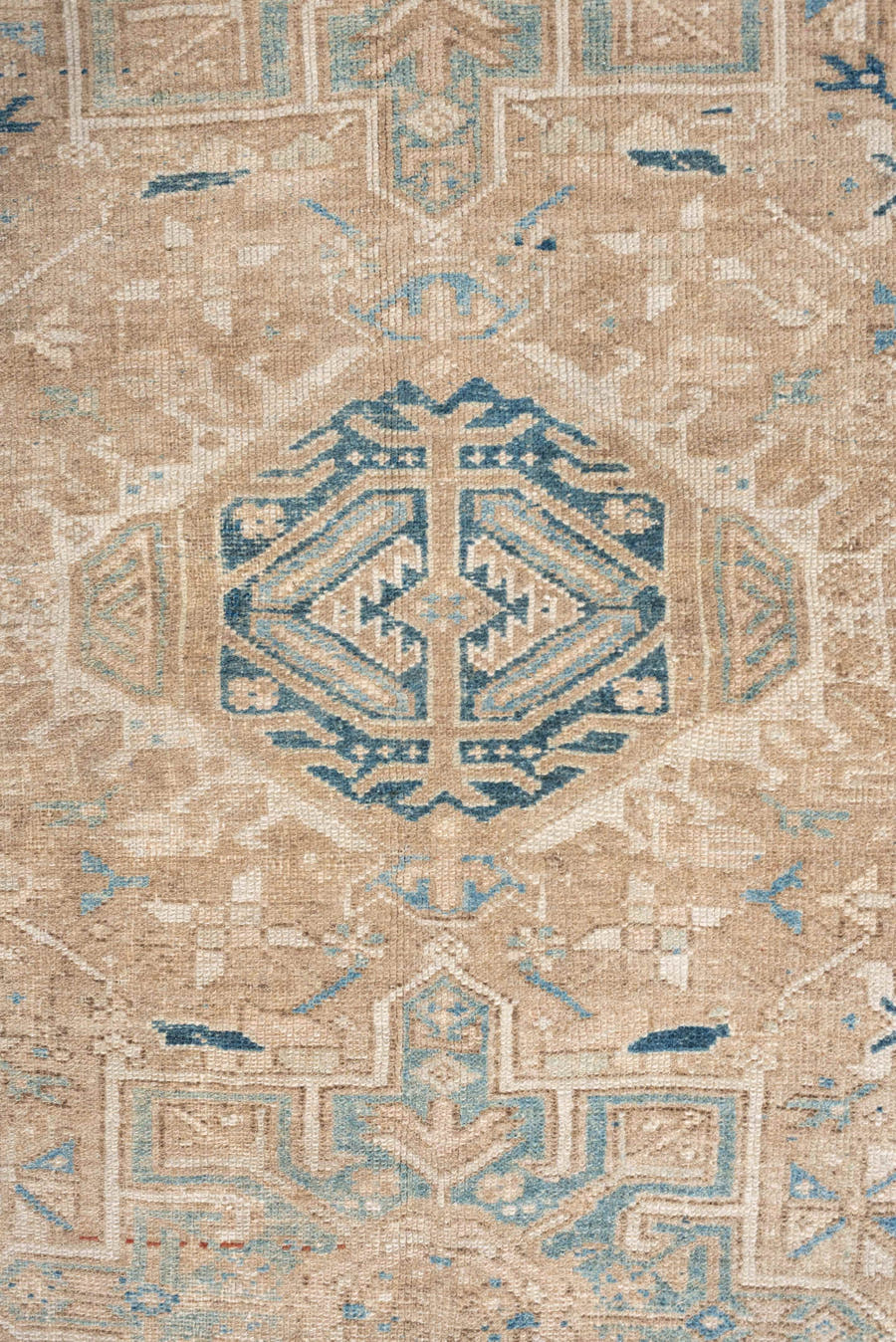 4' x 6' one-of-a-kind handmade antique Karaje rug. Color palette: camel, blue gray, ivory, taupe, slate, beige, gray, blue