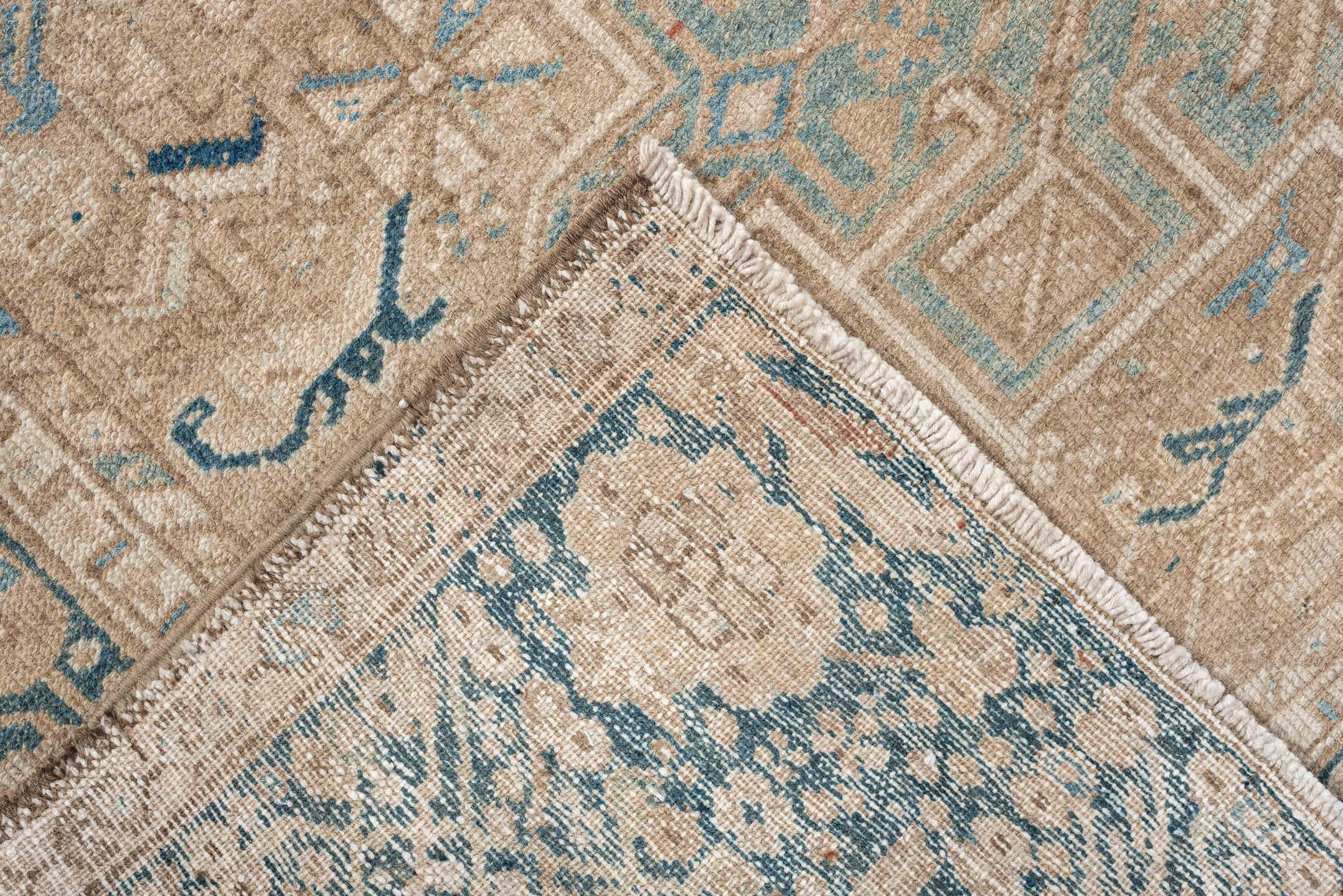 4' x 6' one-of-a-kind handmade antique Karaje rug. Color palette: camel, blue gray, ivory, taupe, slate, beige, gray, blue