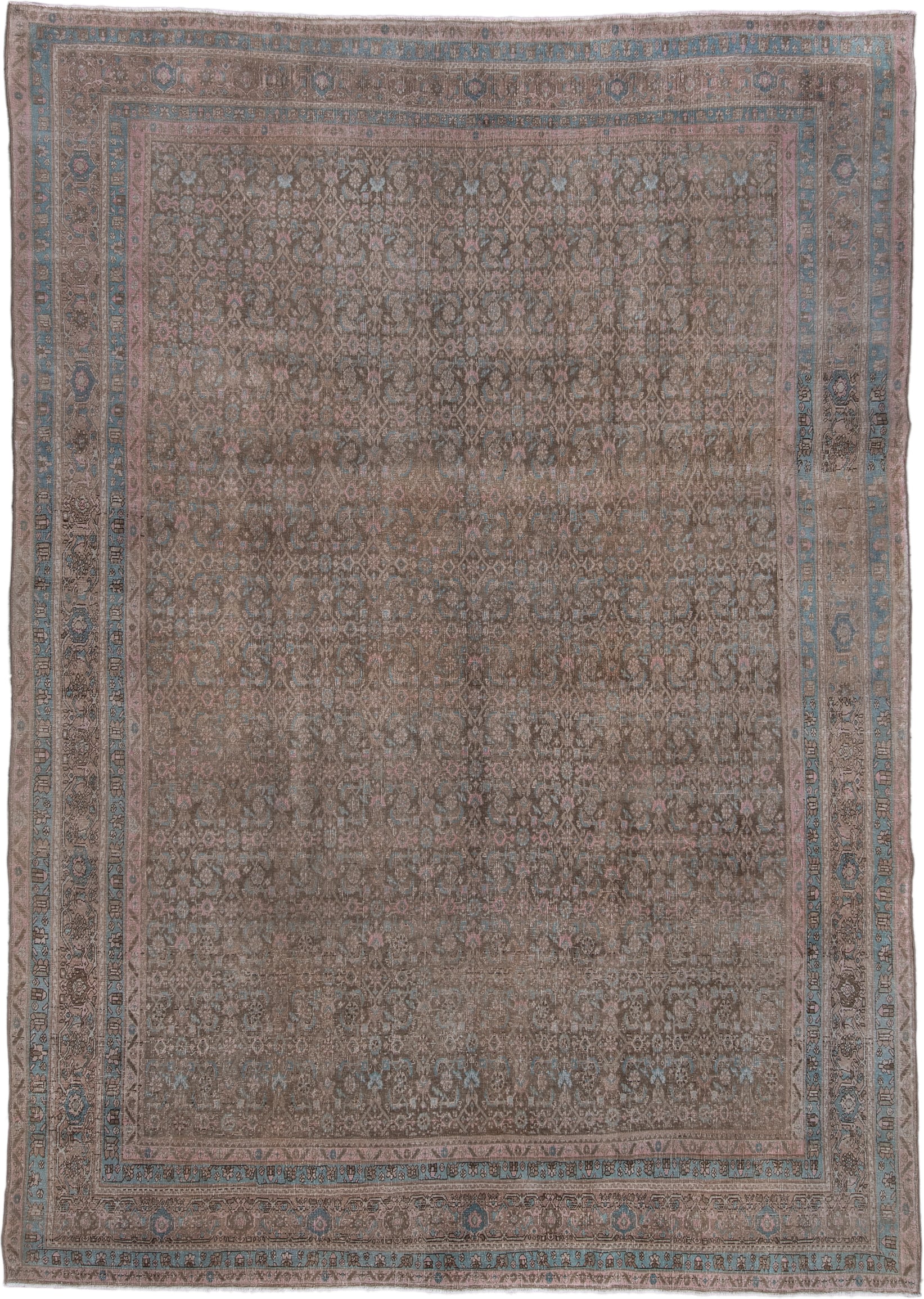 8' x 11' one-of-a-kind handmade antique Bidjar large size rug. Color palette: taupe, brown, dusty rose, pale blue, ivory