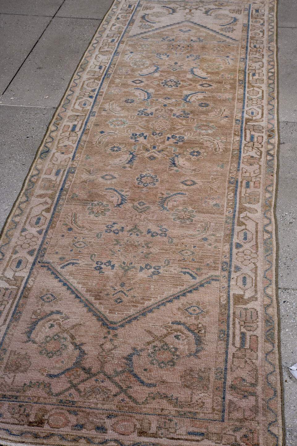 2' x 9' one-of-a-kind handmade antique Hamadan runner rug. Color palette: taupe, ivory, blue, beige, camel, slate, gray