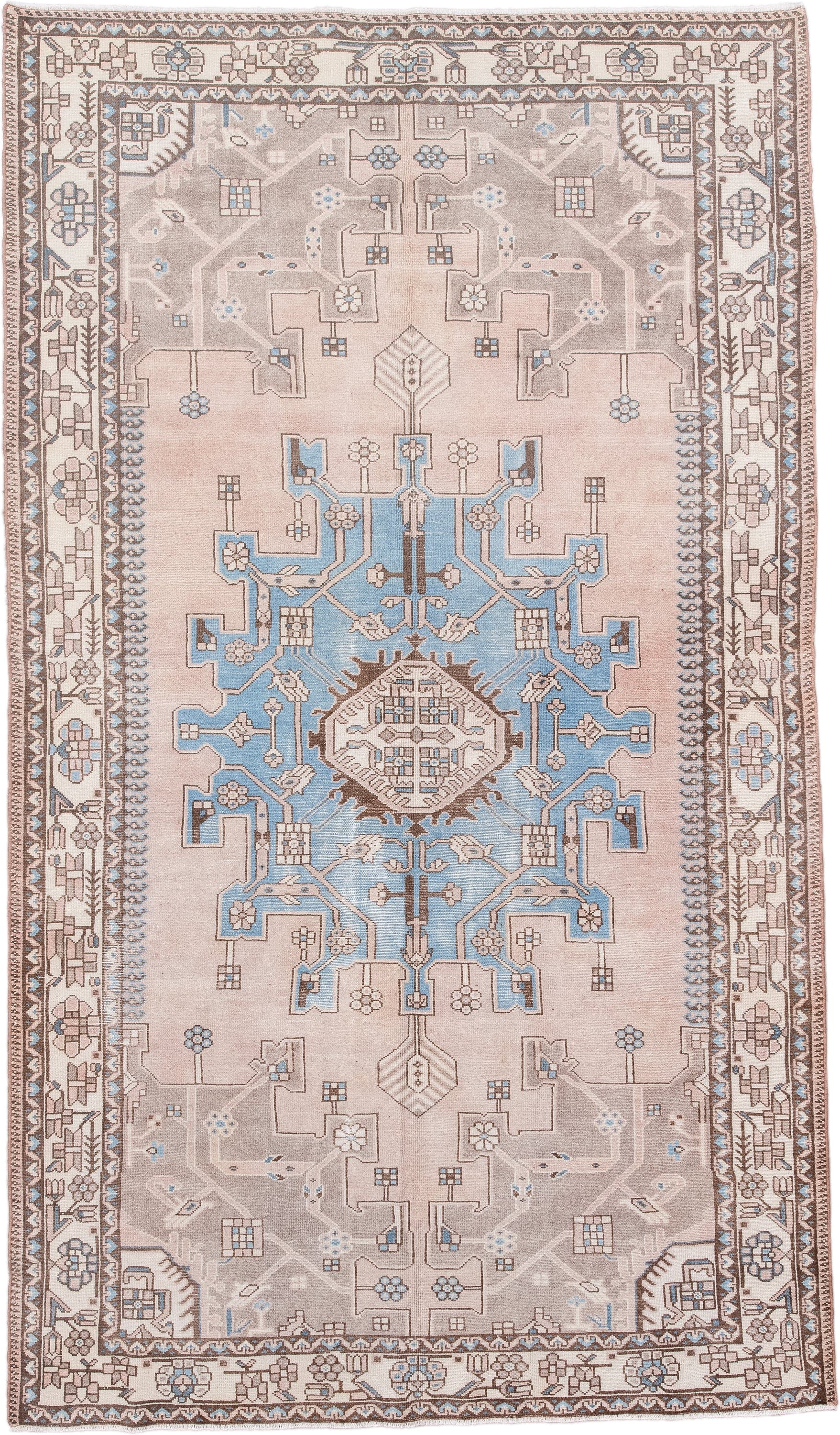 5' x 8' one-of-a-kind handmade antique Hamadan medium size rug. Color palette: taupe, ivory, sky blue, blush, brown, camel