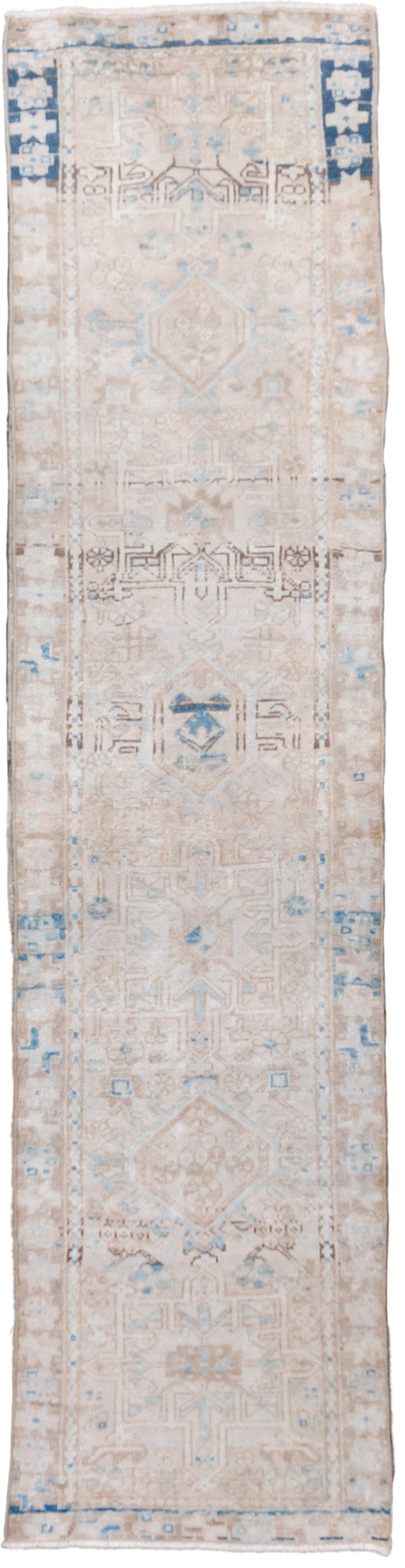 2' x 8' one-of-a-kind handmade vintage Karaje runner rug. Color palette: ivory, taupe, sky_blue, beige, slate_blue, camel