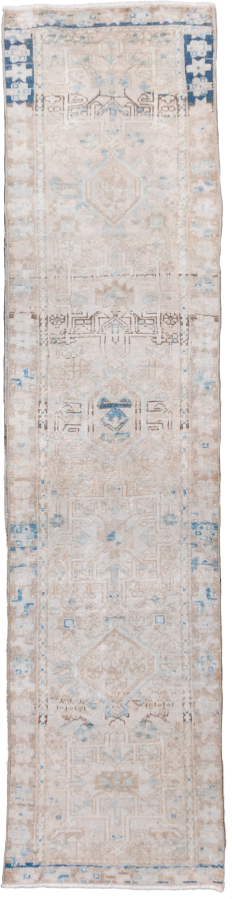 2' x 8' one-of-a-kind handmade vintage Karaje runner rug. Color palette: ivory, taupe, sky_blue, beige, slate_blue, camel