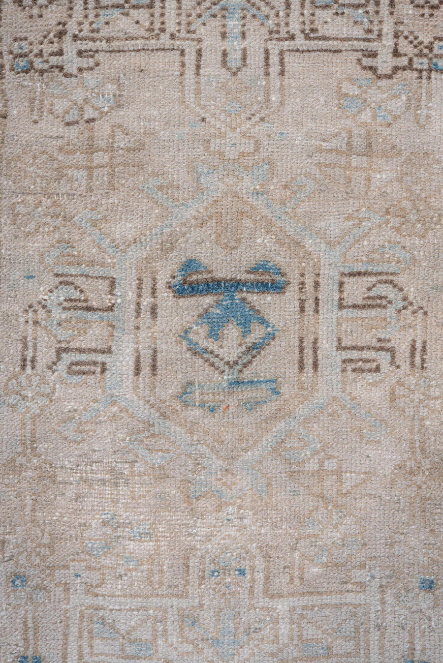 2' x 8' one-of-a-kind handmade vintage Karaje runner rug. Color palette: ivory, taupe, sky_blue, beige, slate_blue, camel
