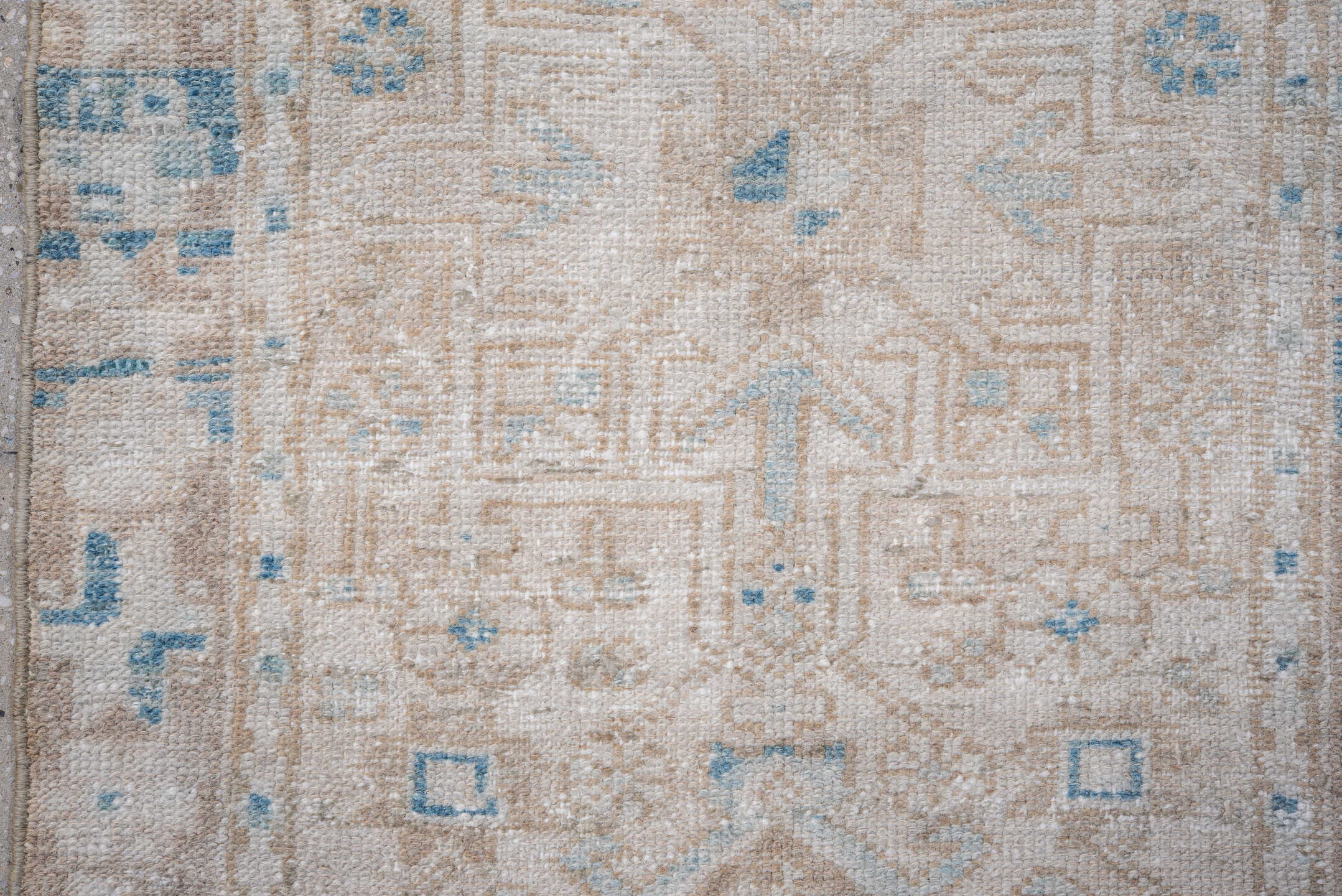 2' x 8' one-of-a-kind handmade vintage Karaje runner rug. Color palette: ivory, taupe, sky_blue, beige, slate_blue, camel