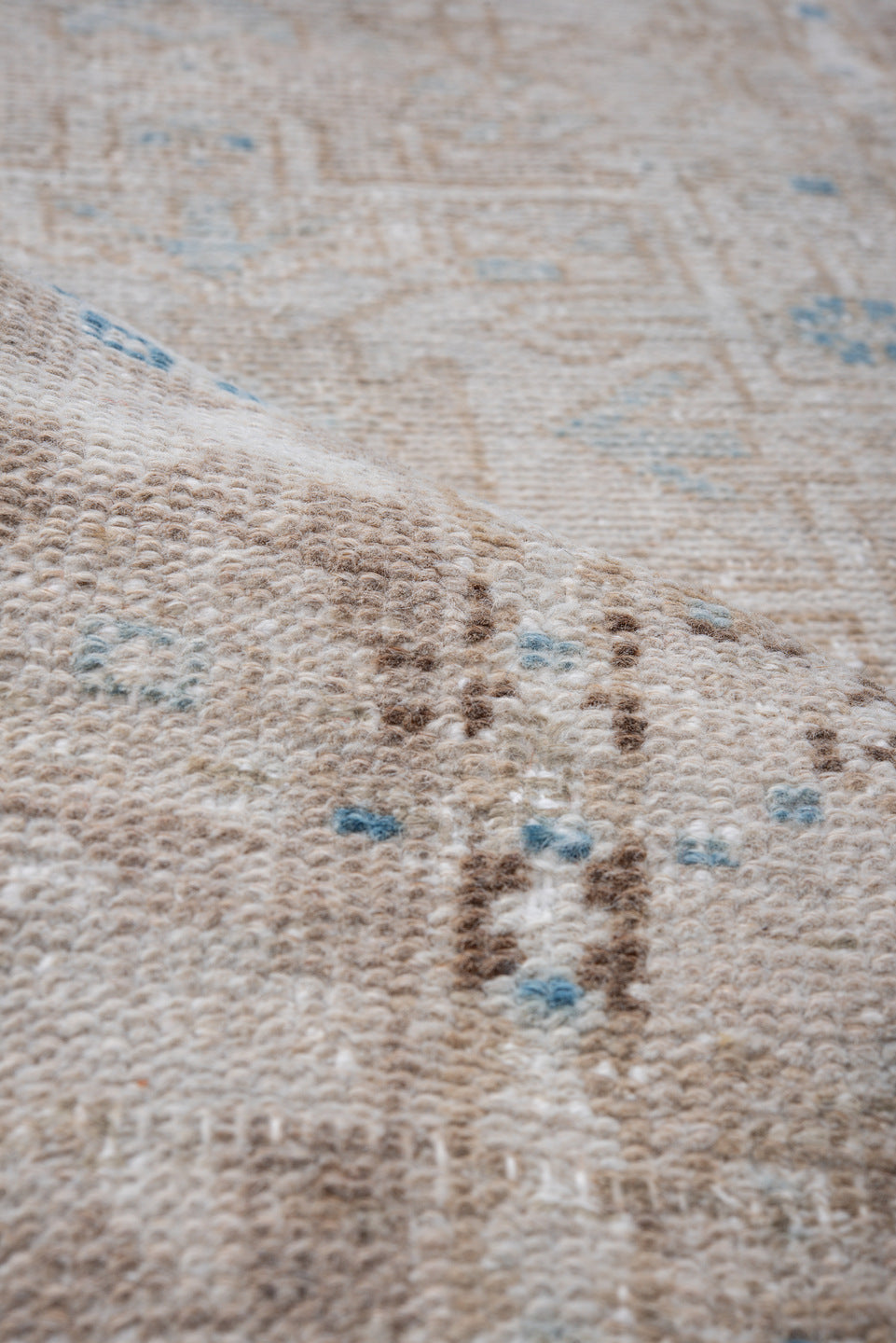 2' x 8' one-of-a-kind handmade vintage Karaje runner rug. Color palette: ivory, taupe, sky_blue, beige, slate_blue, camel
