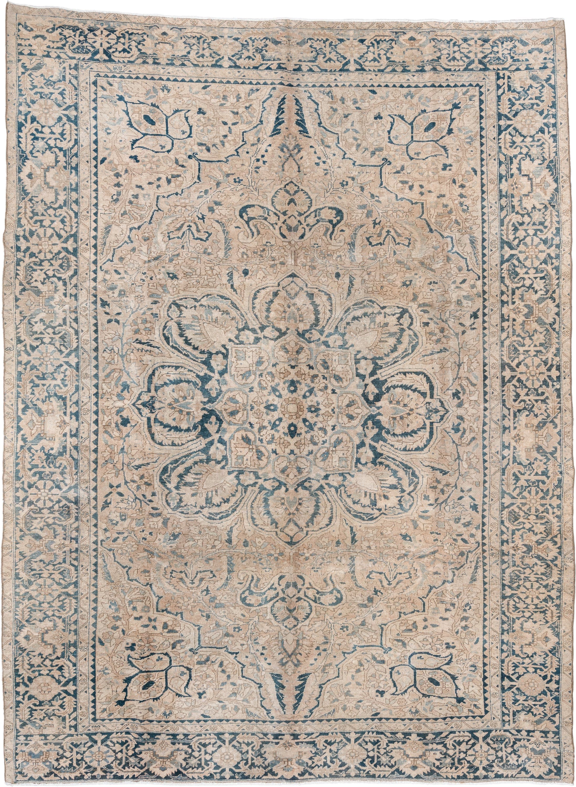 9' x 13' one-of-a-kind handmade vintage Heriz large size rug. Color palette: ivory, soft blue, slate, taupe, beige
