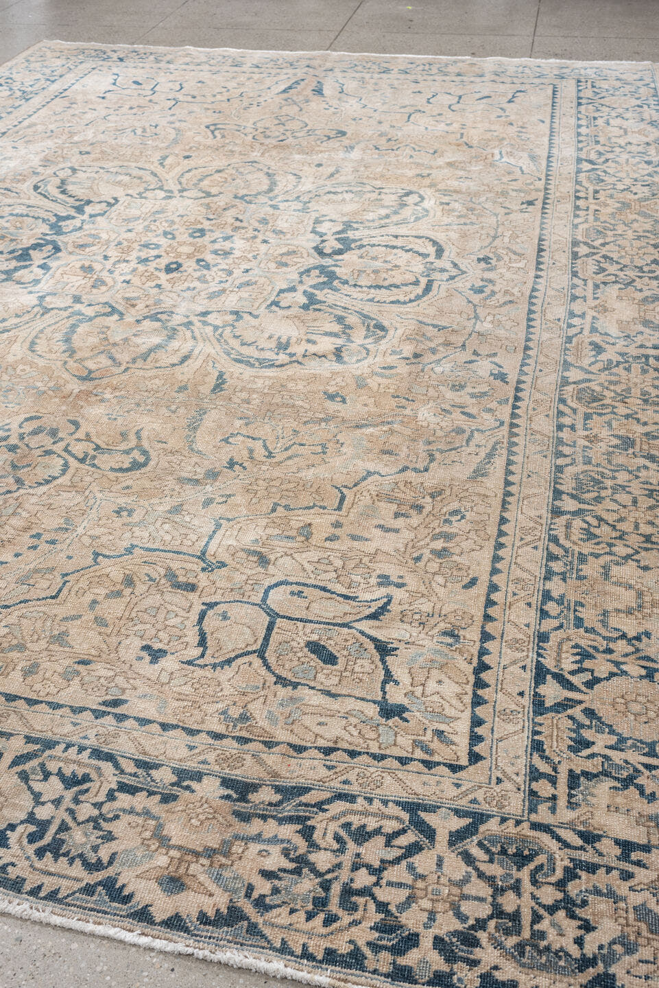 9' x 13' one-of-a-kind handmade vintage Heriz large size rug. Color palette: ivory, soft blue, slate, taupe, beige