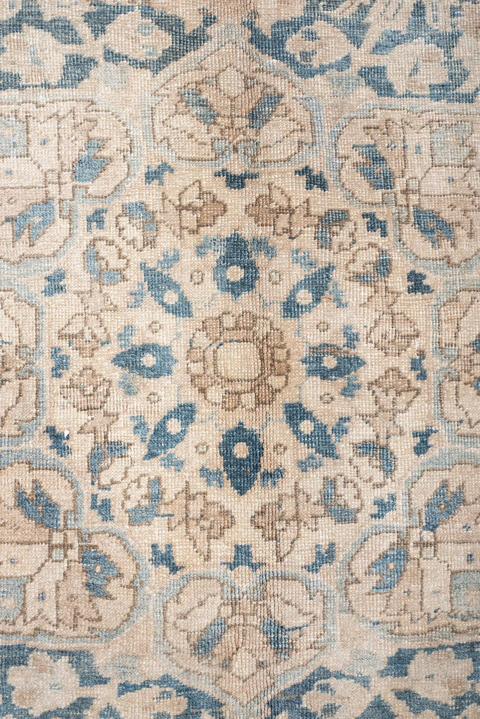 9' x 13' one-of-a-kind handmade vintage Heriz large size rug. Color palette: ivory, soft blue, slate, taupe, beige