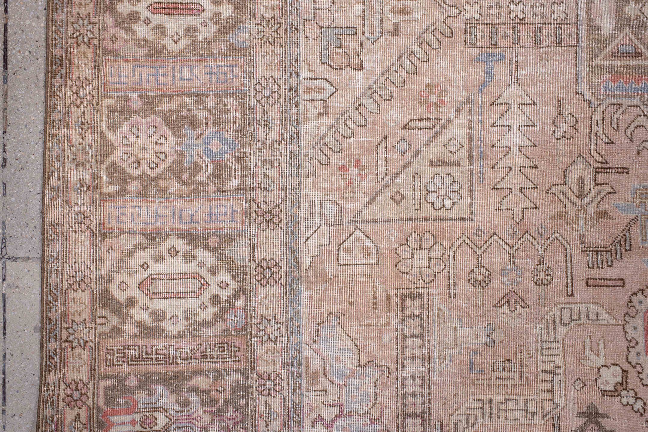 7' x 11' one-of-a-kind handmade antique Heriz large size rug. Color palette: taupe, rose, dusty blue, ivory, brown