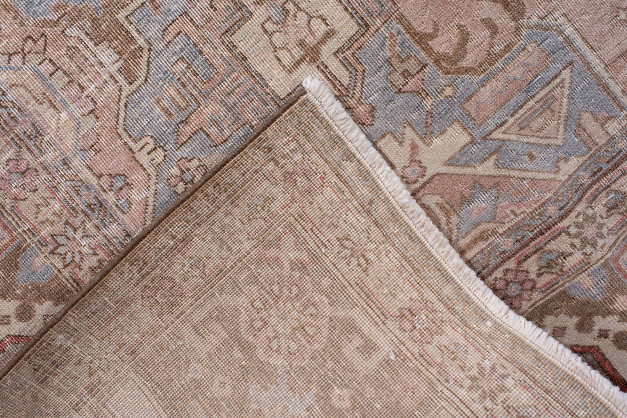 7' x 11' one-of-a-kind handmade antique Heriz large size rug. Color palette: taupe, rose, dusty blue, ivory, brown