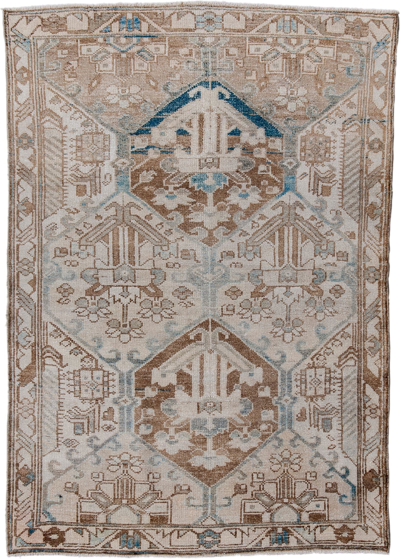 3' x 4' one-of-a-kind handmade antique Baktiary small size rug. Color palette: ivory, camel, taupe, pale blue, brown