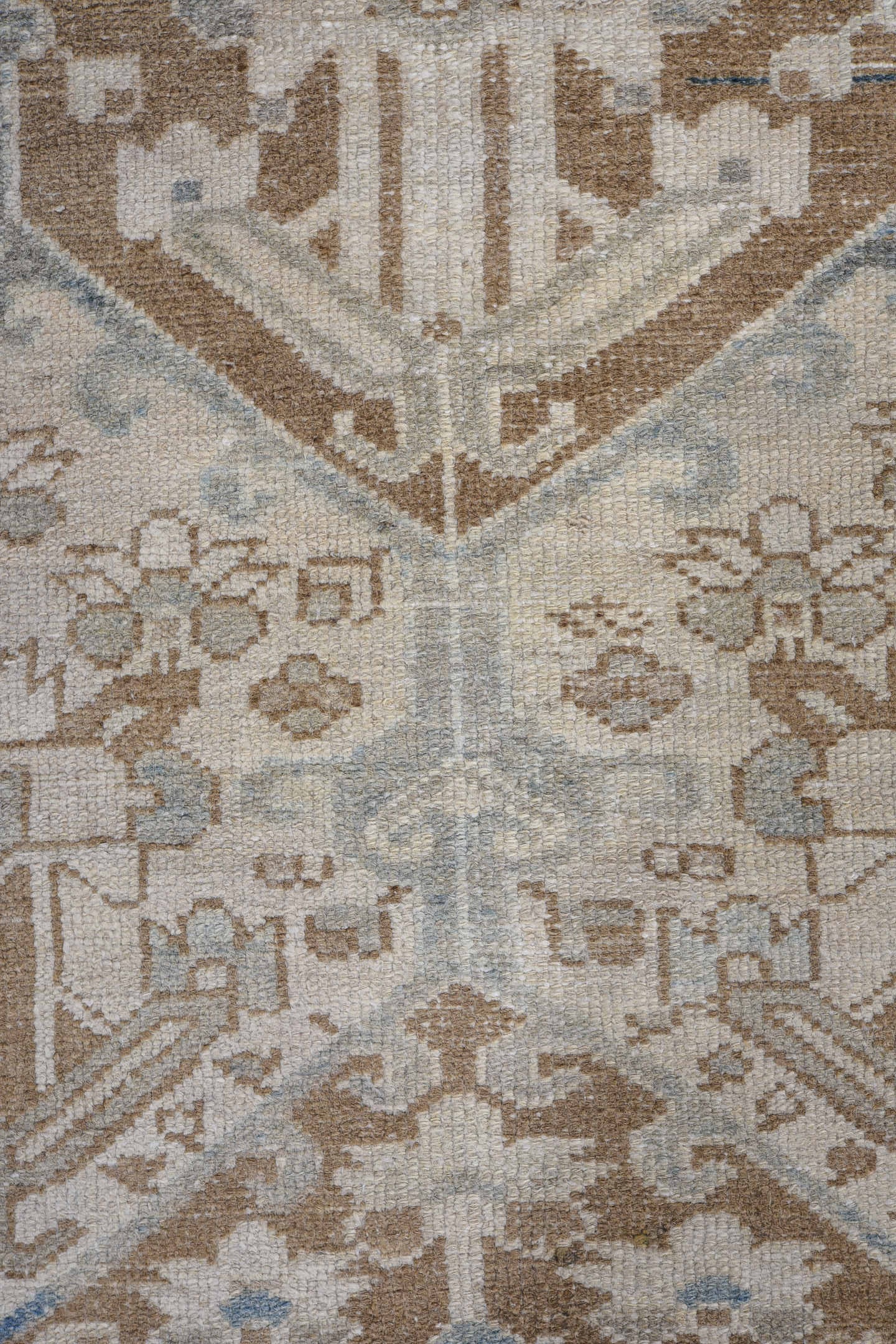 3' x 4' one-of-a-kind handmade antique Baktiary small size rug. Color palette: ivory, camel, taupe, pale blue, brown