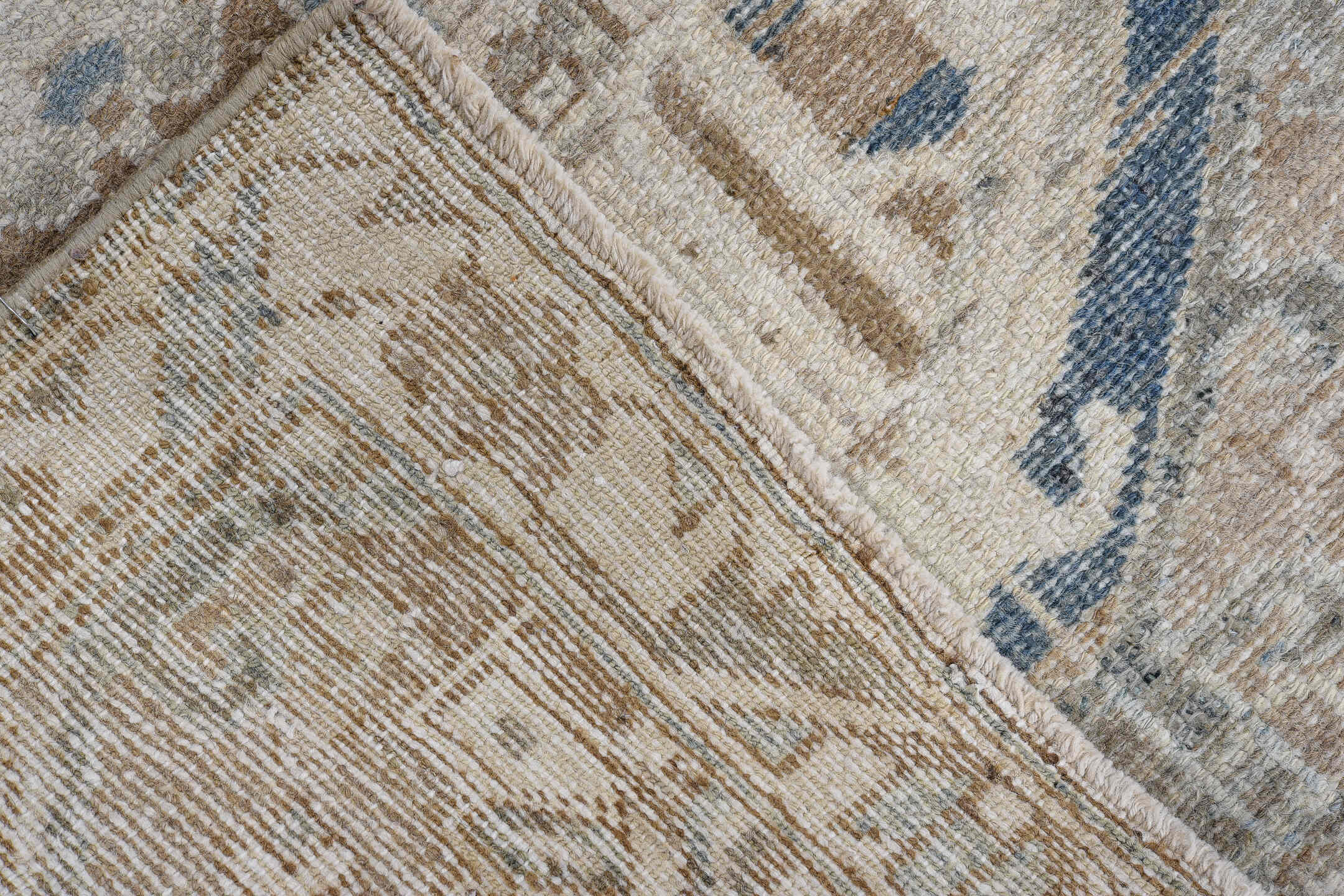 3' x 4' one-of-a-kind handmade antique Baktiary small size rug. Color palette: ivory, camel, taupe, pale blue, brown