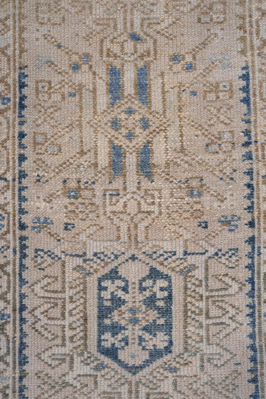 1' x 5' one-of-a-kind handmade antique Karaje small size rug. Color palette: ivory, beige, sky blue, taupe, camel