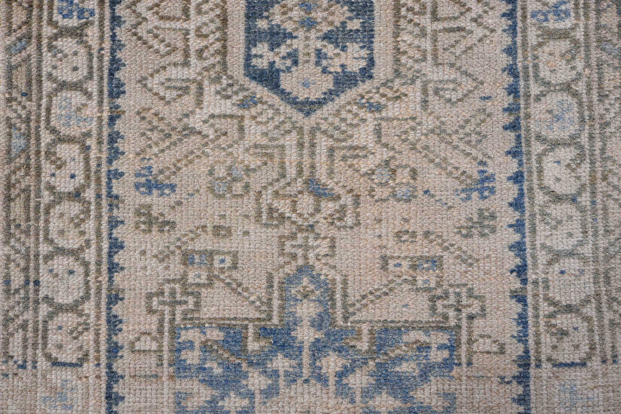 1' x 5' one-of-a-kind handmade antique Karaje small size rug. Color palette: ivory, beige, sky blue, taupe, camel