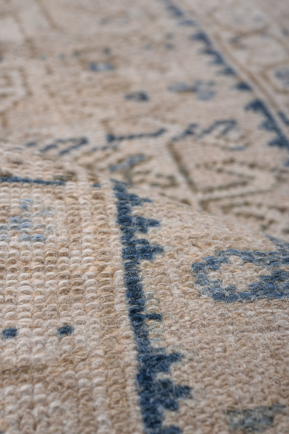 1' x 5' one-of-a-kind handmade antique Karaje small size rug. Color palette: ivory, beige, sky blue, taupe, camel