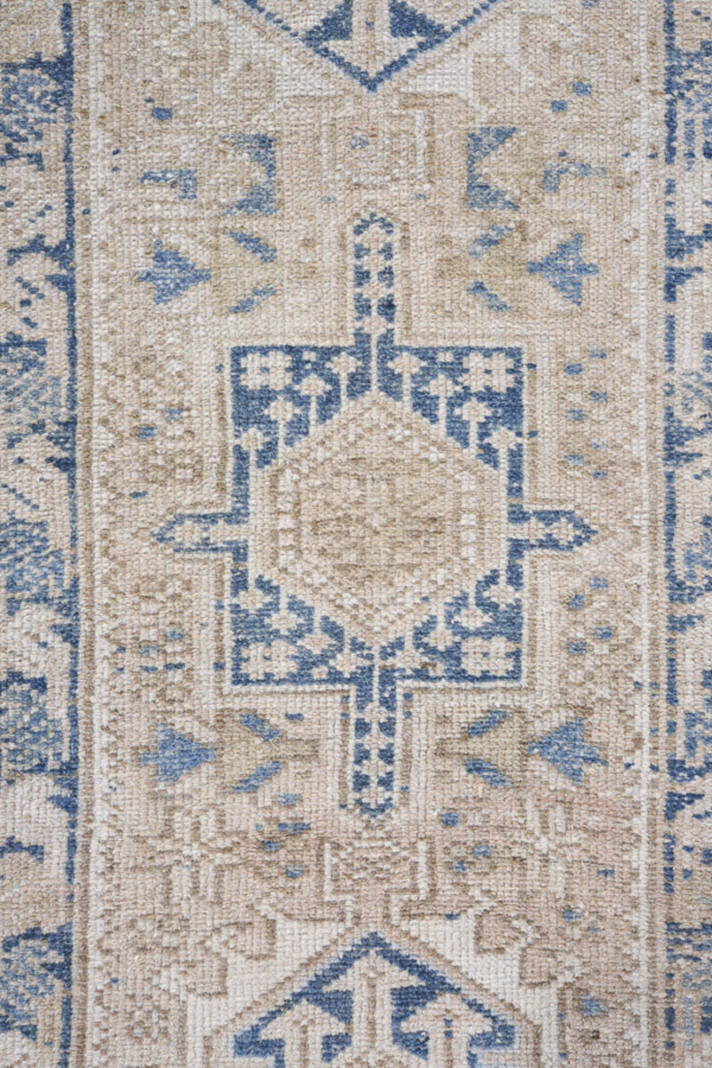 1' x 5' one-of-a-kind handmade antique Karaje small size rug. Color palette: ivory, beige, slate, taupe, camel, gray