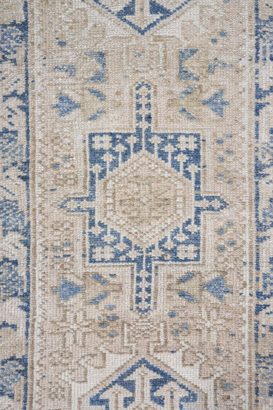 1' x 5' one-of-a-kind handmade antique Karaje small size rug. Color palette: ivory, beige, slate, taupe, camel, gray