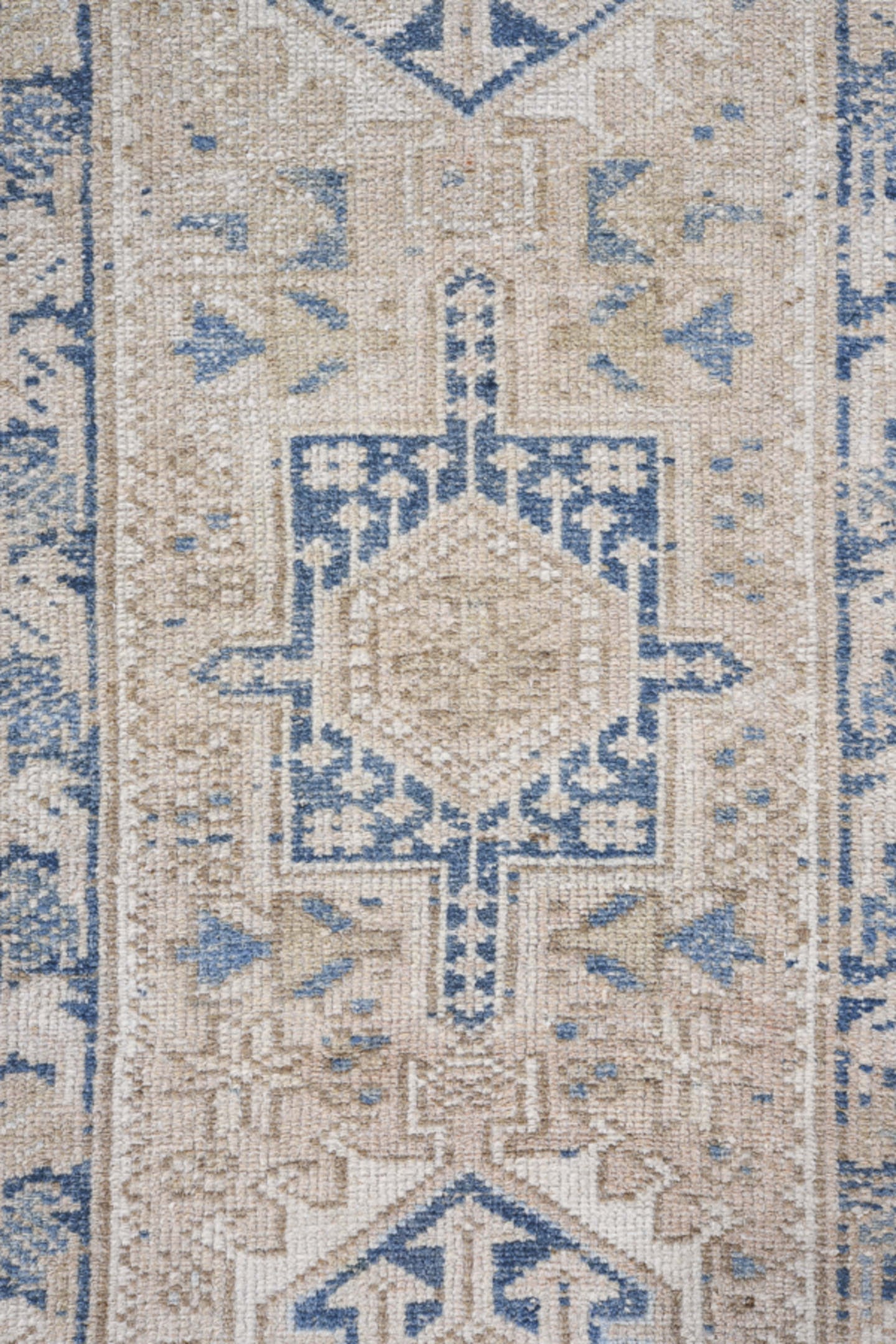 1' x 5' one-of-a-kind handmade antique Karaje small size rug. Color palette: ivory, beige, slate, taupe, camel, gray