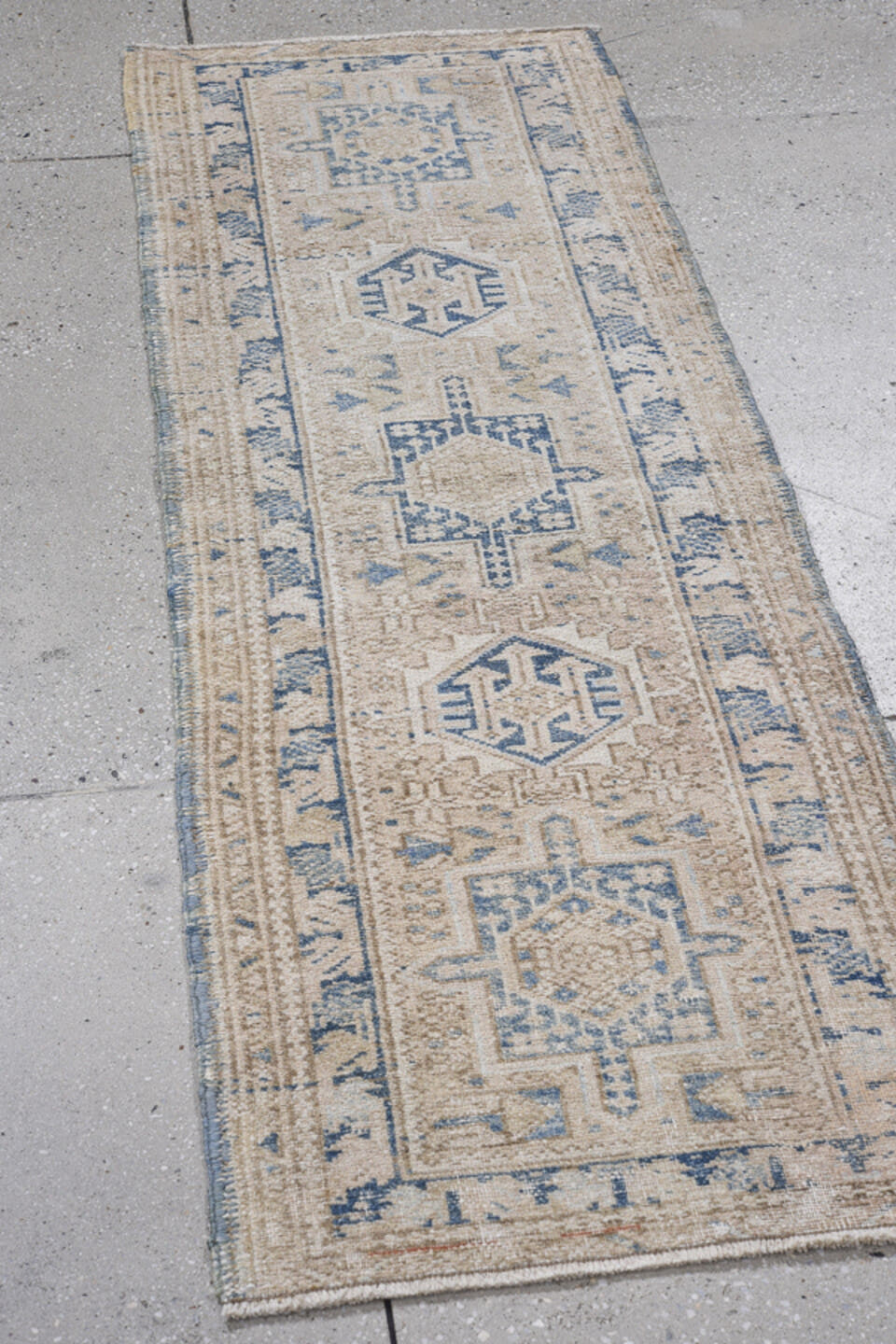 1' x 5' one-of-a-kind handmade antique Karaje small size rug. Color palette: ivory, beige, slate, taupe, camel, gray