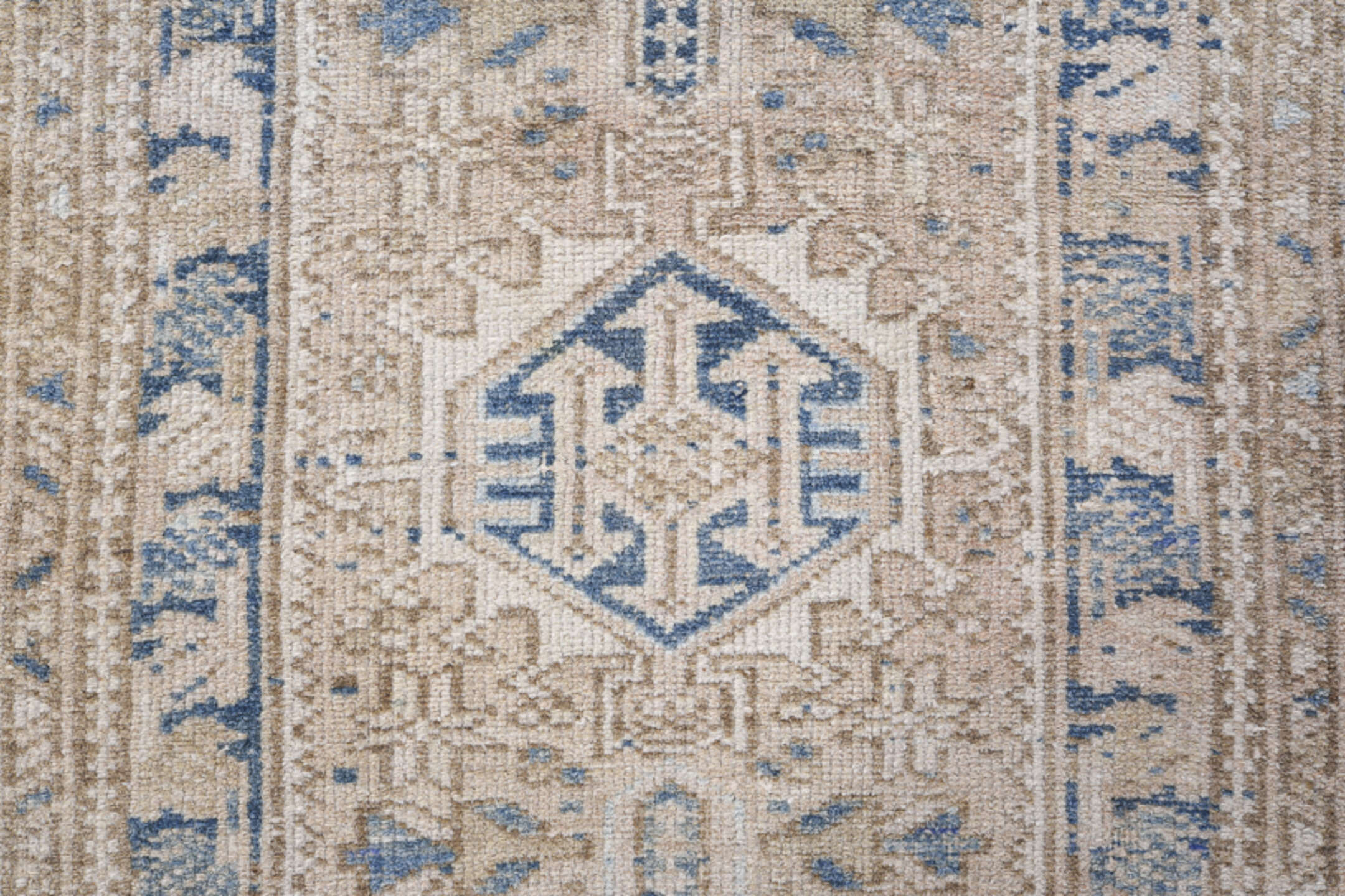 1' x 5' one-of-a-kind handmade antique Karaje small size rug. Color palette: ivory, beige, slate, taupe, camel, gray