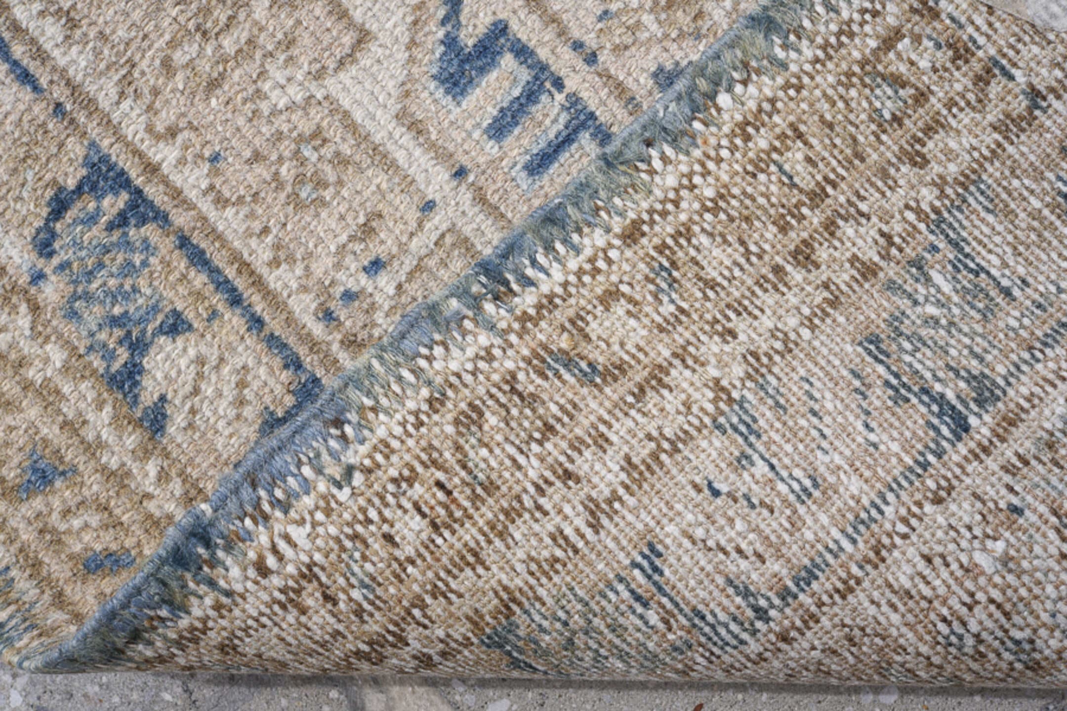 1' x 5' one-of-a-kind handmade antique Karaje small size rug. Color palette: ivory, beige, slate, taupe, camel, gray