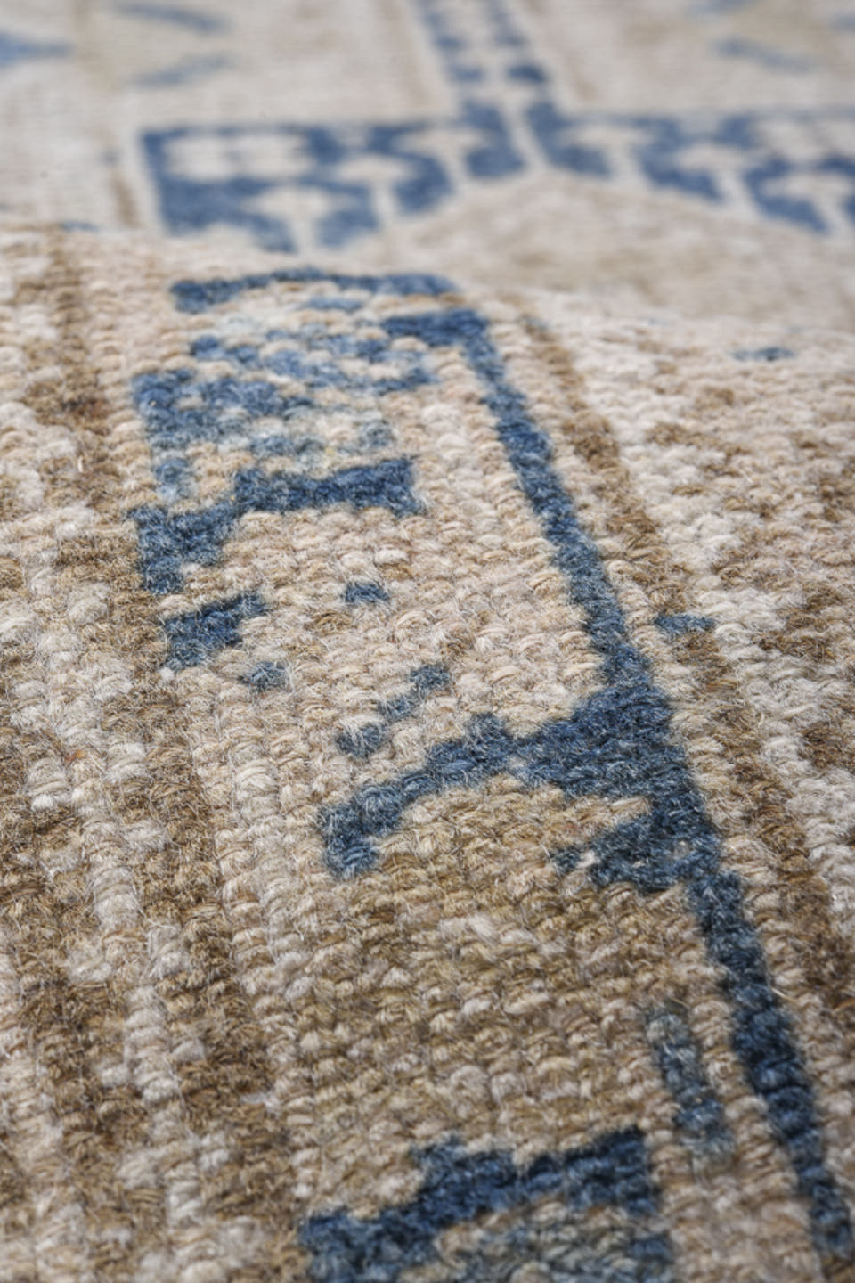 1' x 5' one-of-a-kind handmade antique Karaje small size rug. Color palette: ivory, beige, slate, taupe, camel, gray