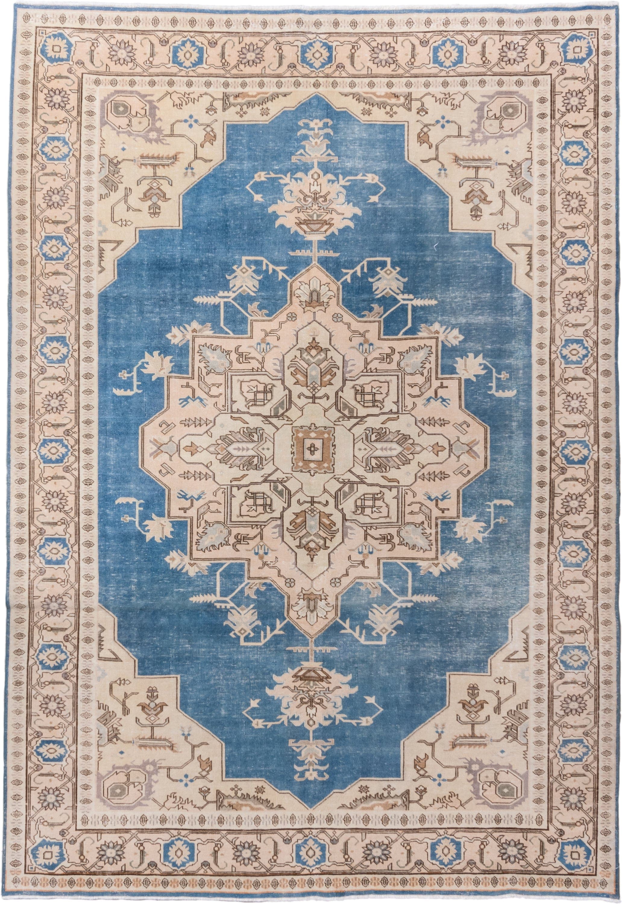 6' x 9' one-of-a-kind handmade vintage Sivas medium size rug. Color palette: sky blue, ivory, taupe, beige, camel, slate