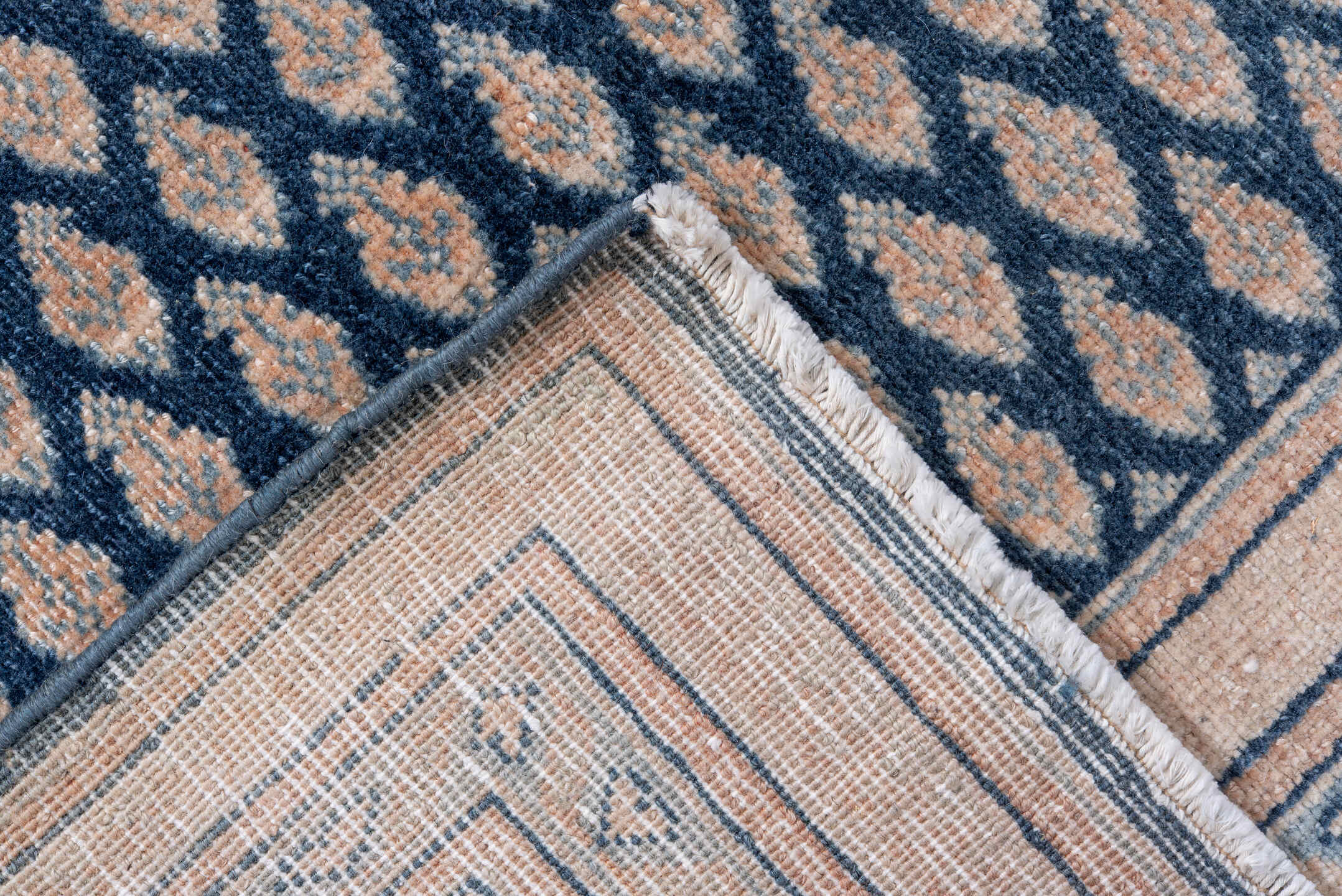 4' x 6' one-of-a-kind handmade vintage Saraband small size rug. Color palette: ivory, blue, slate, taupe, camel, gray, beige
