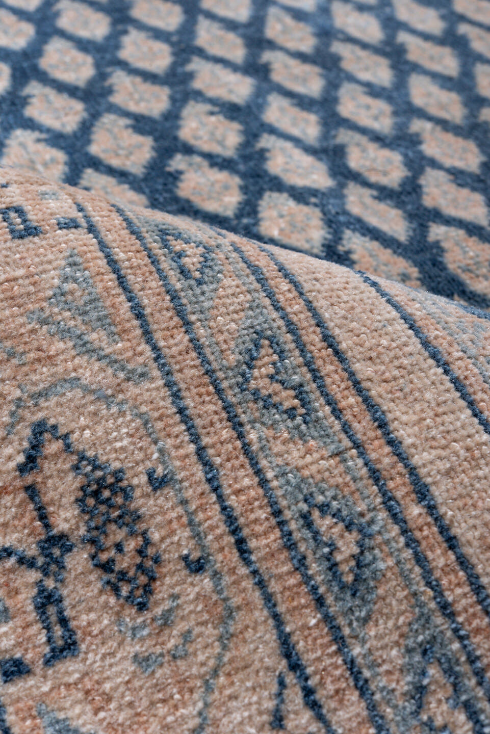 4' x 6' one-of-a-kind handmade vintage Saraband small size rug. Color palette: ivory, blue, slate, taupe, camel, gray, beige