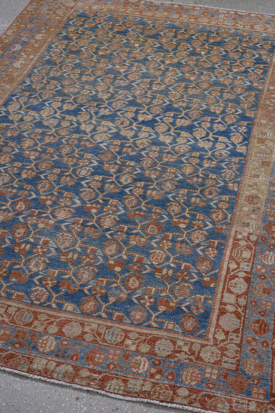 4' x 6' one-of-a-kind handmade vintage Malayer small size rug. Color palette: arapawa, black, blue, brown, gray, light blue