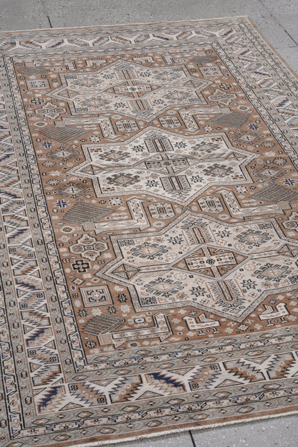 4' x 6' one-of-a-kind handmade antique Pakistan small size rug. Color palette: ivory, camel, taupe, brown, charcoal, slate