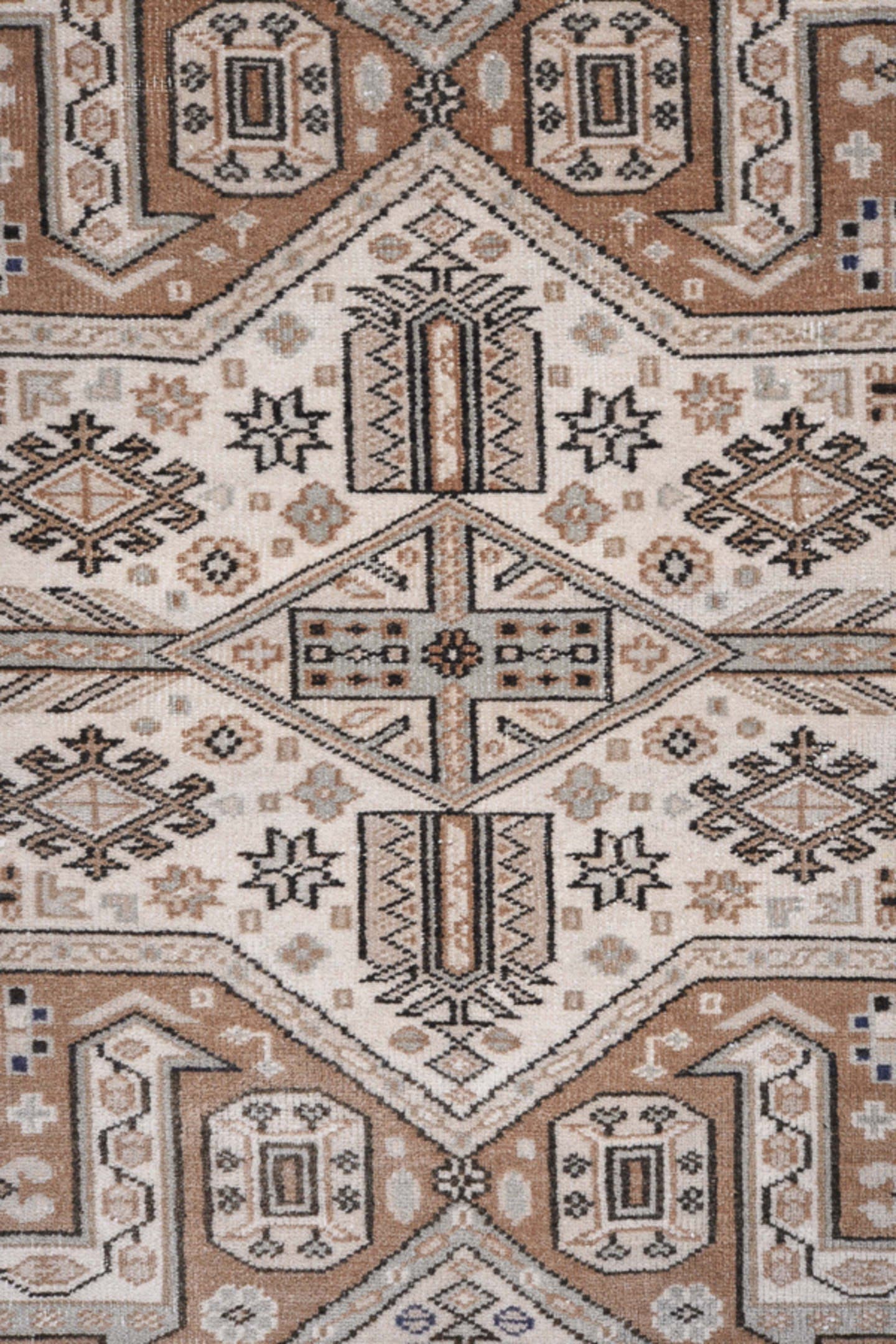 4' x 6' one-of-a-kind handmade antique Pakistan small size rug. Color palette: ivory, camel, taupe, brown, charcoal, slate