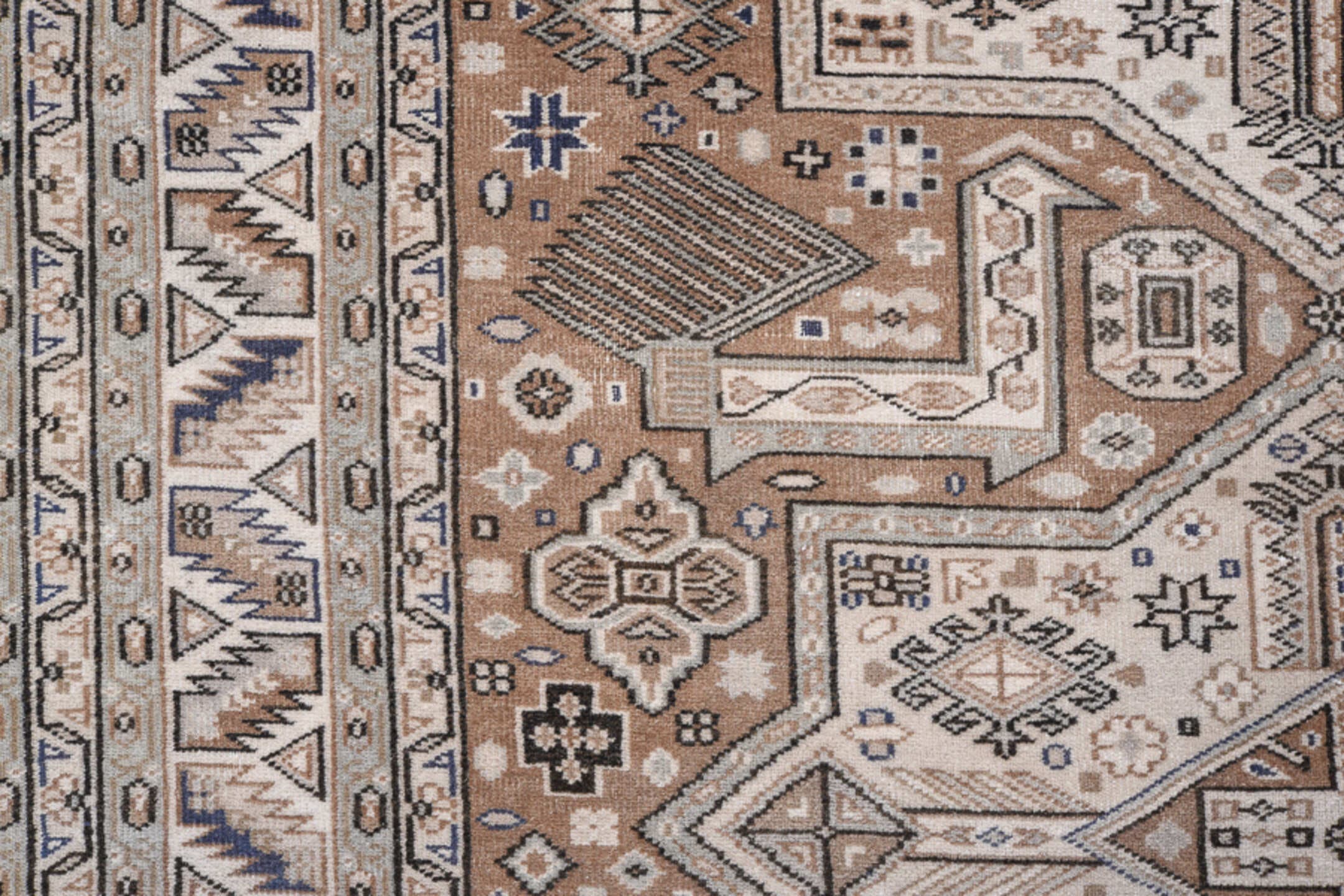 4' x 6' one-of-a-kind handmade antique Pakistan small size rug. Color palette: ivory, camel, taupe, brown, charcoal, slate