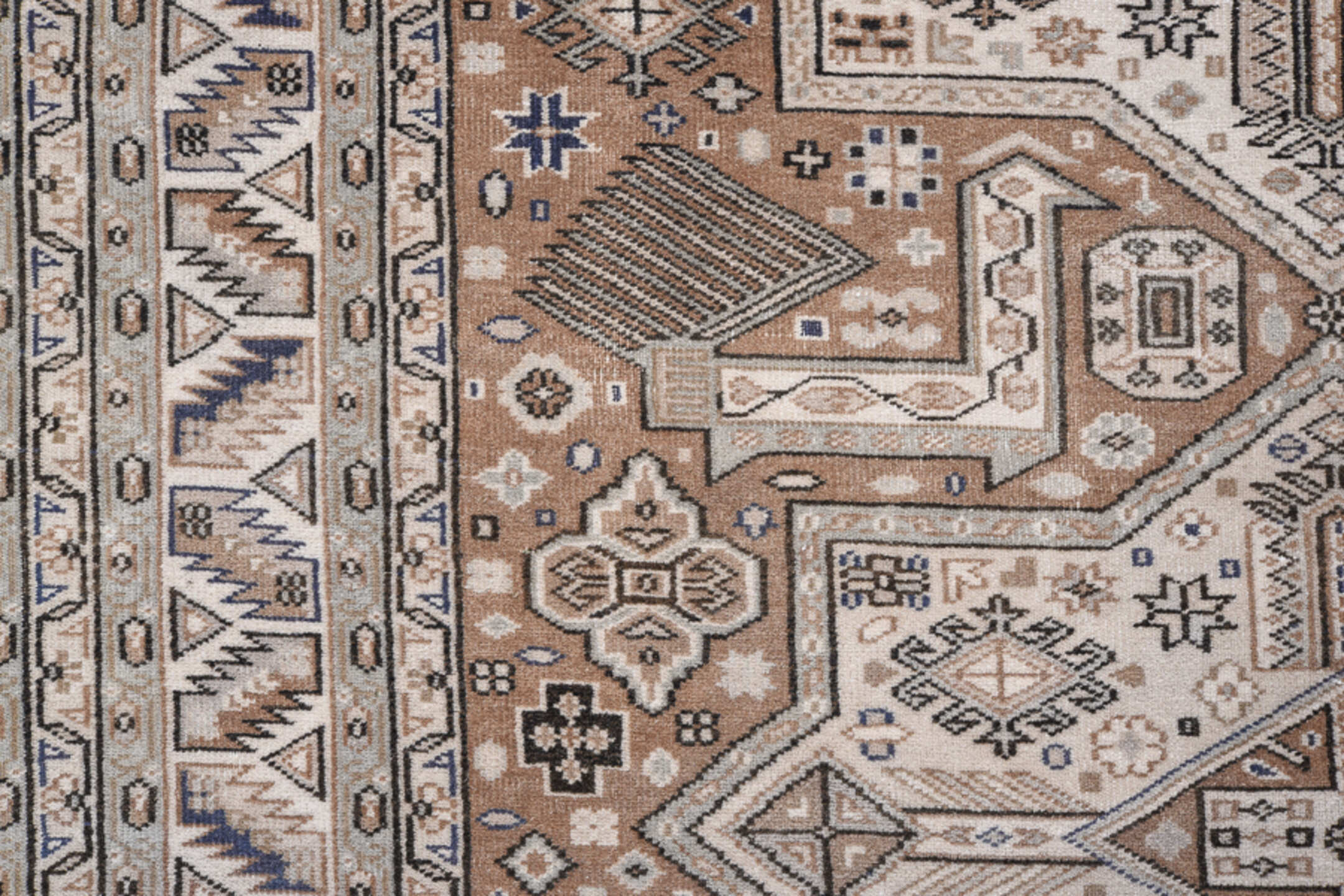 4' x 6' one-of-a-kind handmade antique Pakistan small size rug. Color palette: ivory, camel, taupe, brown, charcoal, slate