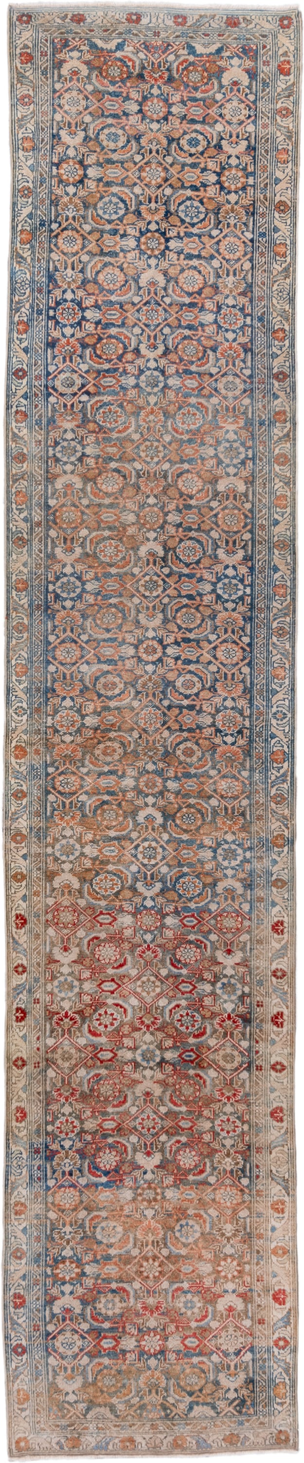 2' x 13' one-of-a-kind handmade vintage Malayer runner rug. Color palette: ivory, blue, rust, red, beige, camel, terracotta